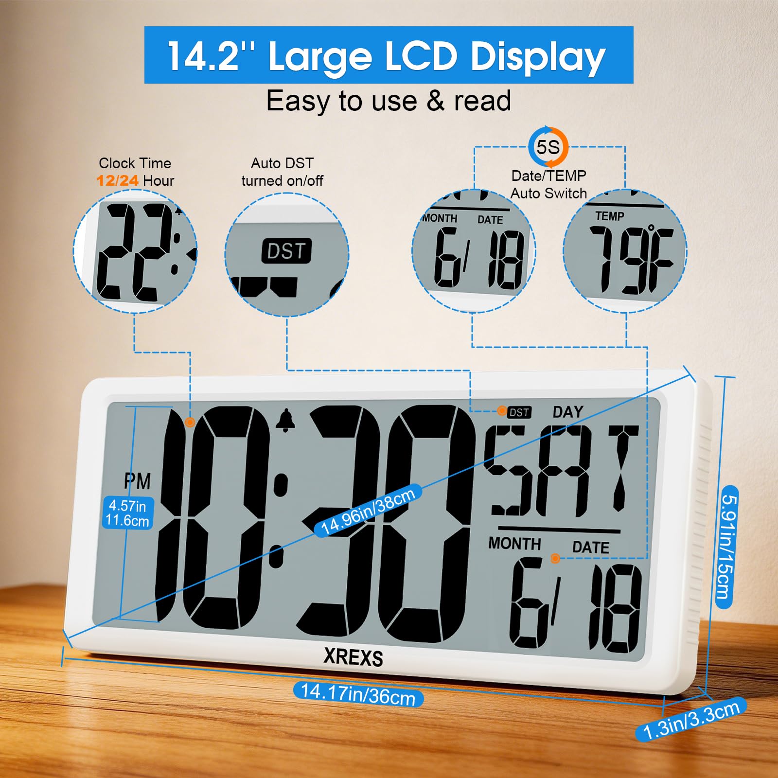 XREXS, grande orologio digitale da parete, sveglia elettronica per camera da letto, decorazione della casa, timer conto su e giù, schermo LCD grande