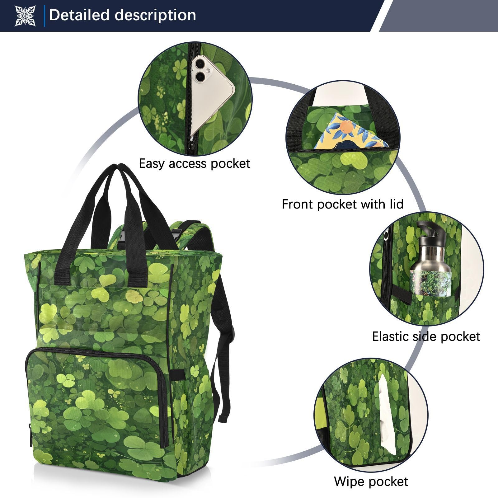 Verde Hojas De TréBol Natural Exuberante Mochilas de Pañales para Gran Capacidad Pañal Bolso Mochila para Viajar al Aire Libre Mamá y Papá