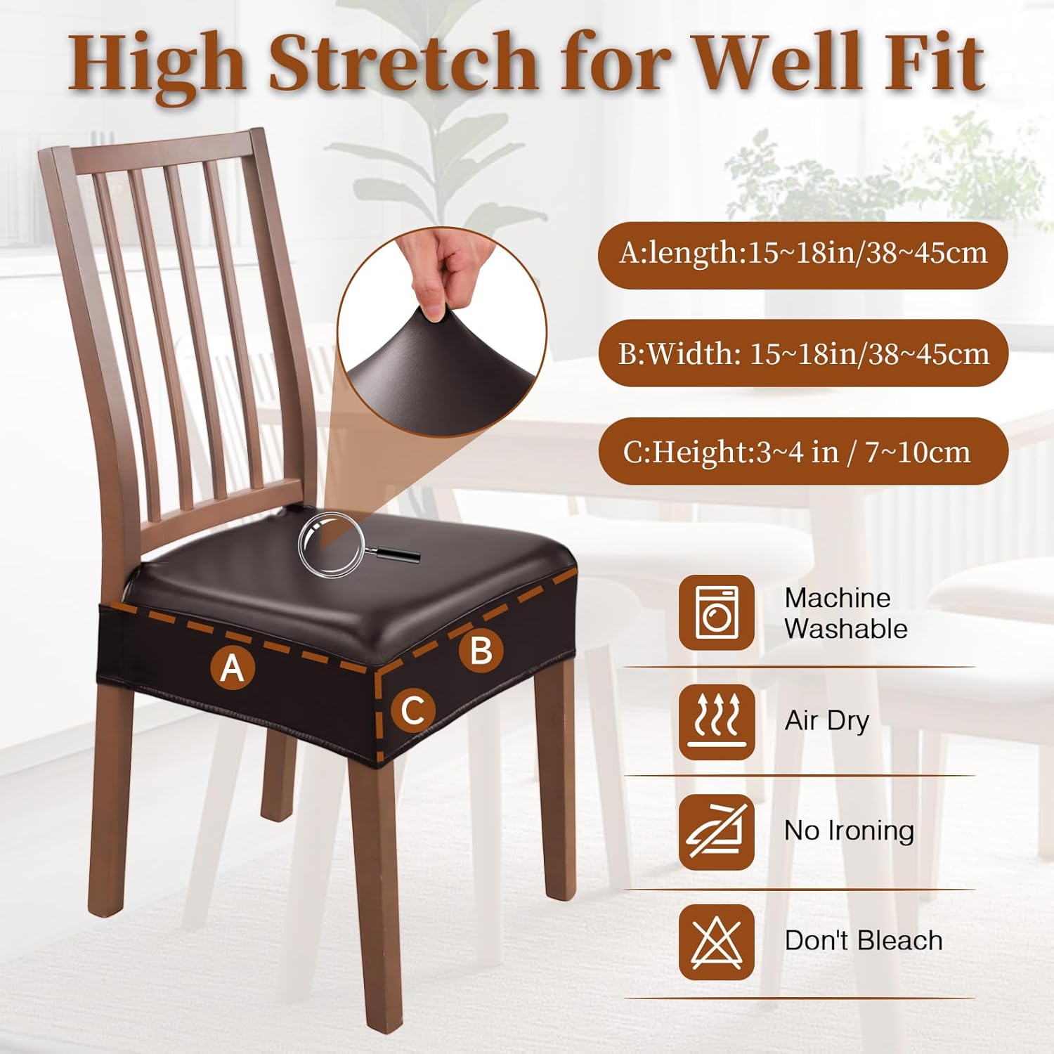 Waterproof Dining Chair Seat Covers Leather Kitchen Seat Covers, Stain Resistant Stretch Chair Seat Covers for Dining Room Chairs Set of 6, Rear Covered Washable Dining Chair Cover Dark Coffee