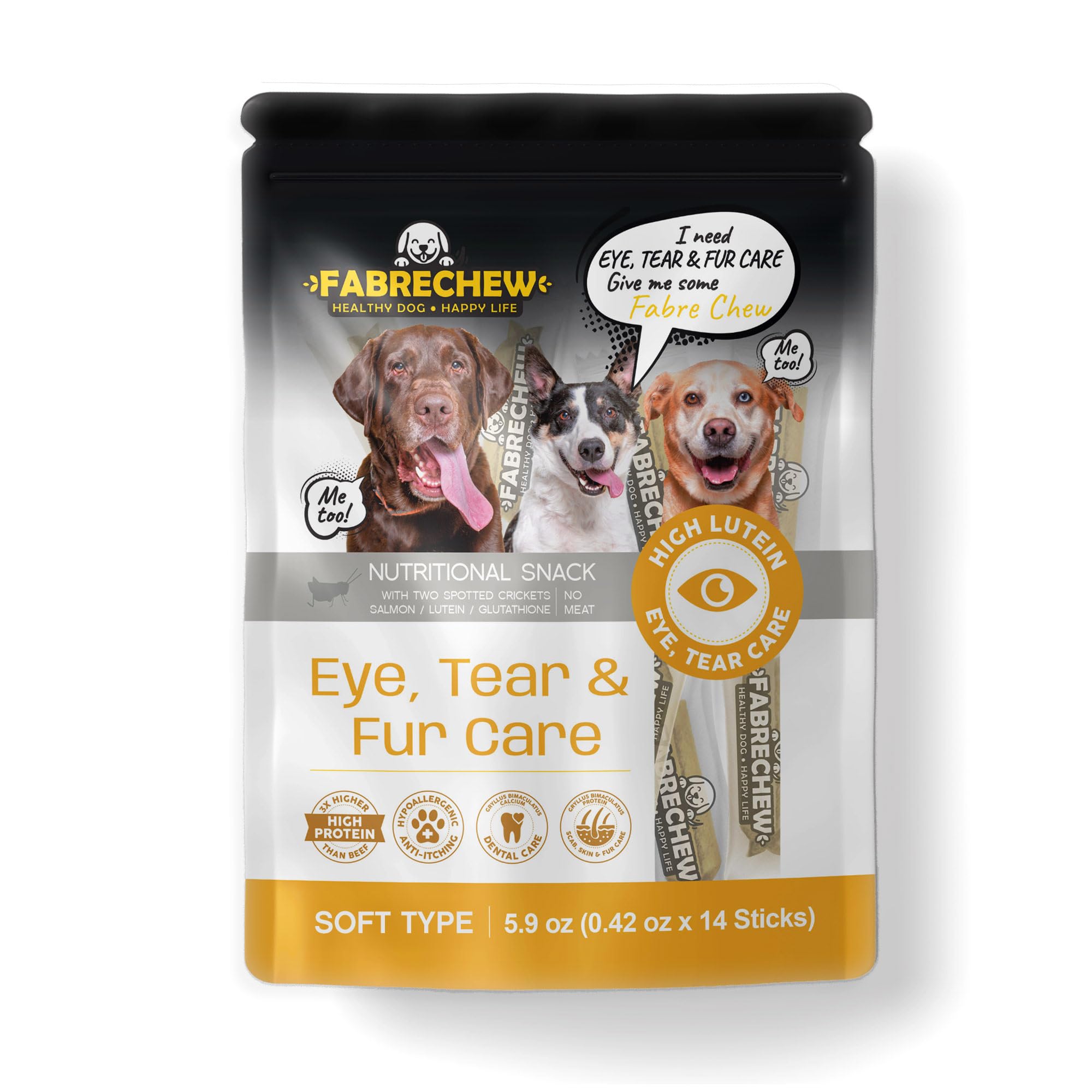 Yellow Eye, Tear Marks & Fur Care Dog Treats – High-Protein Dental Snacks with Cricket & Salmon Protein, Hypoallergenic, Meat Free, Supports Clear Eyes & Healthy Fur, Soft Type (14 Pcs)