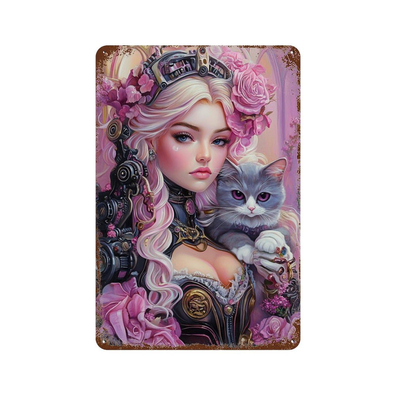 Garage Style Steampunk Princess with Cat Aged Metal Wall Plaque 11.8"x7.9", Novelty Wall Decor for Bar And Workshop