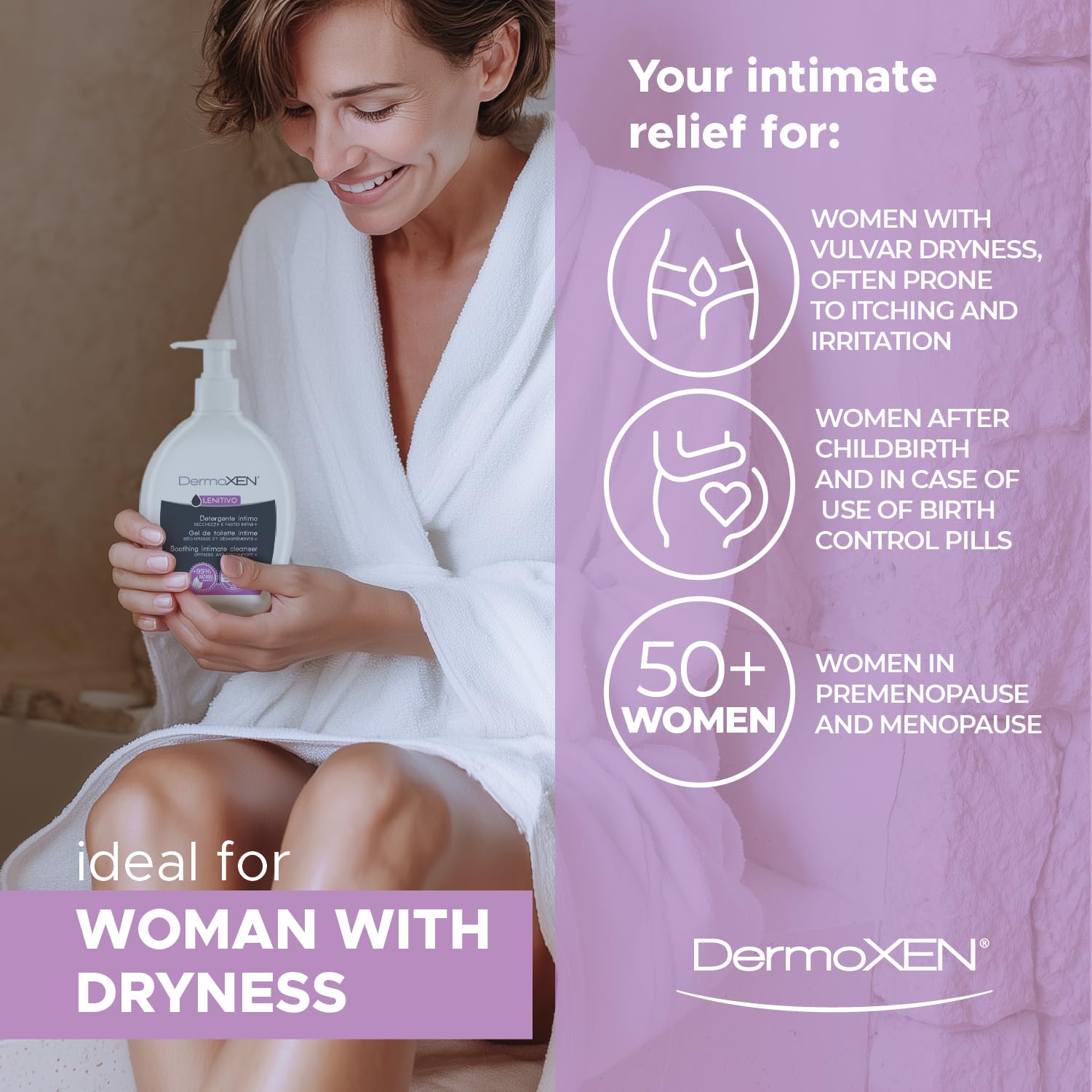 Dermoxen Łagodzące mydło intymne nawilżające dla kobiet. Delikatne mydło intymne idealne na suchość i swędzenie, nawet w okresie menopauzy. z aloesem i kwiatami lotosu. Testowane na obecność niklu. 200 ml
