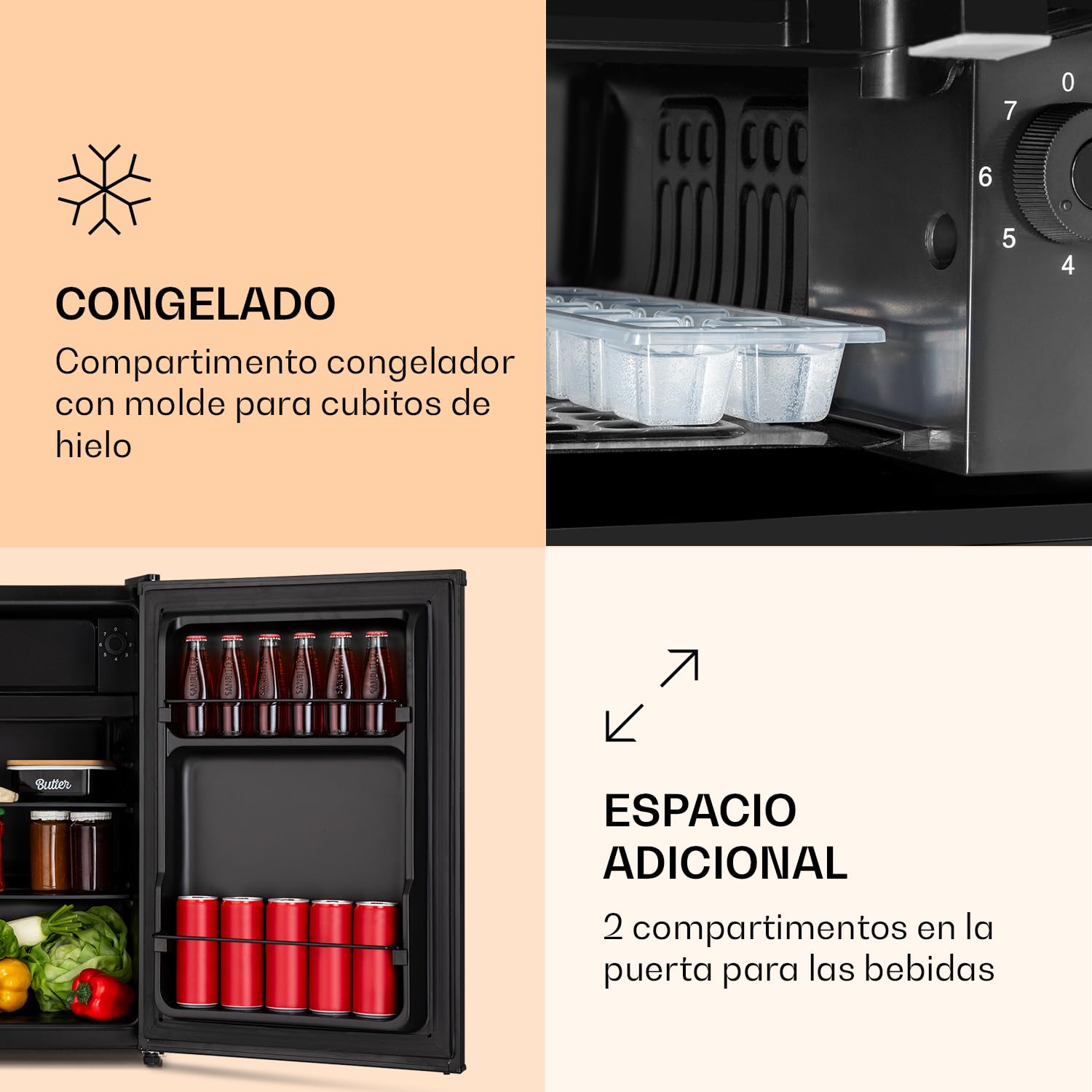 Klarstein Obsidian - nevera, 72 litros de volumen, interior y exterior en negro, 7 niveles de potencia, cajón de verdura, emisión de ruido de 42 dB, negro