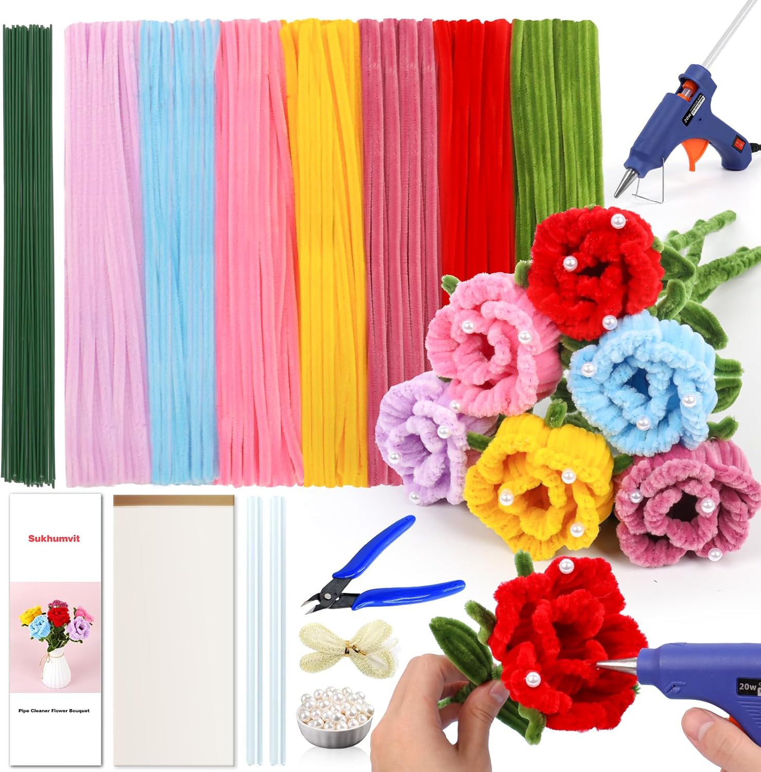 646Pcs Pipe Cleaners Crafts, Pipe Cleaner Lily s & Tulip Flower Kit with Instructions, Hot Melt Gun & Floral Wire, 6 Colors Chenille Stems to DIY Flowers for Mother's Day, Holiday Gifts & Home Decor