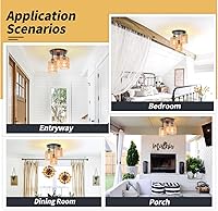 Vista 8 de Lámpara de techo de ratán tejida de 3 luces, luz de montaje semiempotrada tejida a mano, cesta natural costera bohemia cerca del techo