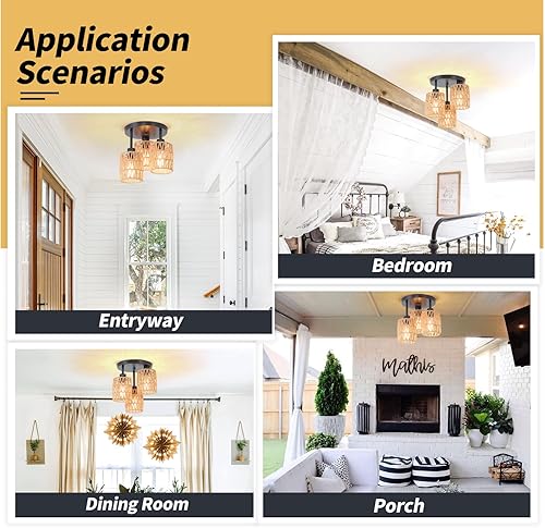 Miniatura 8 de Lámpara de techo de ratán tejida de 3 luces, luz de montaje semiempotrada tejida a mano, cesta natural costera bohemia cerca del techo, para