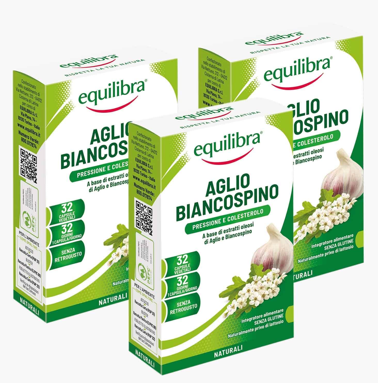 Equilibra Integratori Alimentari, a Base di Estratti Oleosi di Aglio, Biancospino, senza Retrogusto, Funzionalità dell'Apparato Cardiovascolare, 3 Pezzi da 32 Capsule