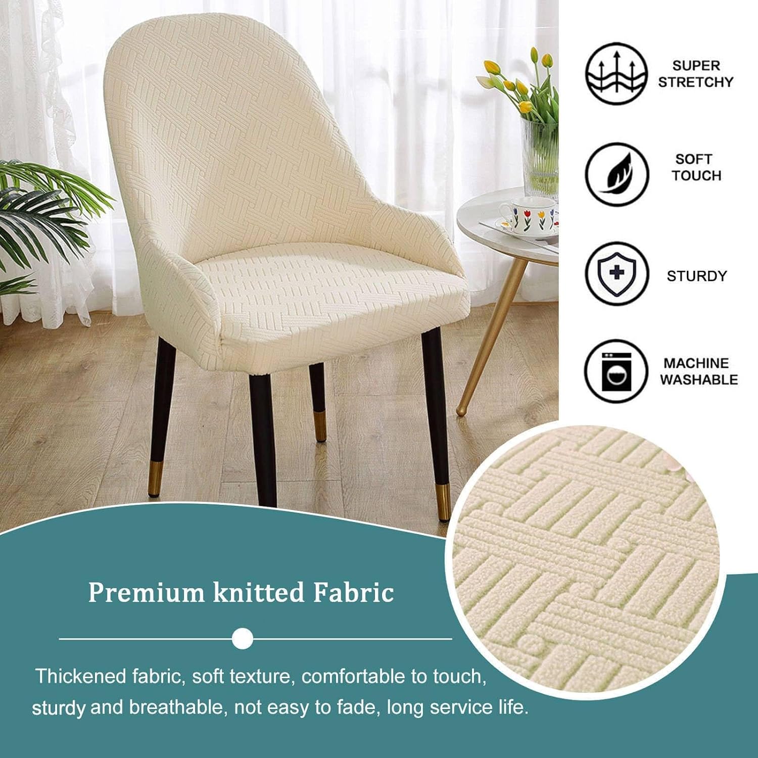 Elastic Dining Chair Cover, Bow Back Armchair Cover with Elastic Bottom Washable Chair Cover with Armrest(Beige,Lot de 2)