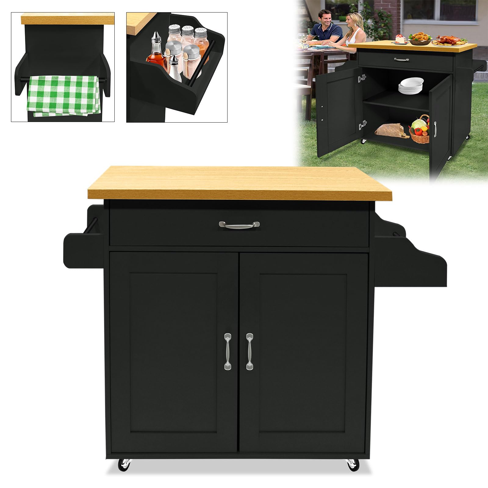 ACXIN Carrello da cucina su ruote, armadio da cucina con cassetti e porta dell'armadio, isola della cucina con piano di lavoro, carrello da servizio, carrello per cucina, sala da pranzo, 115 x 36 x 90
