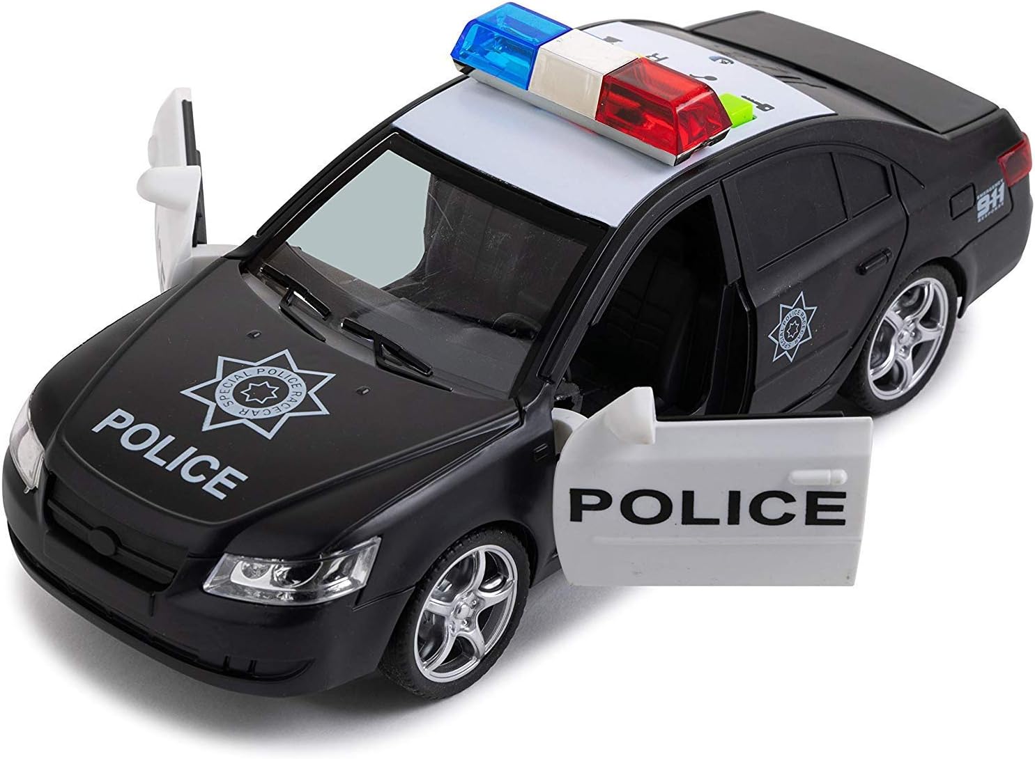 Toy To Enjoy Friction Powered Police Car with Light & Sounds - Heavy Duty Plastic Vehicle Toy for Kids & Children - Openable Doors, Detailed Interior