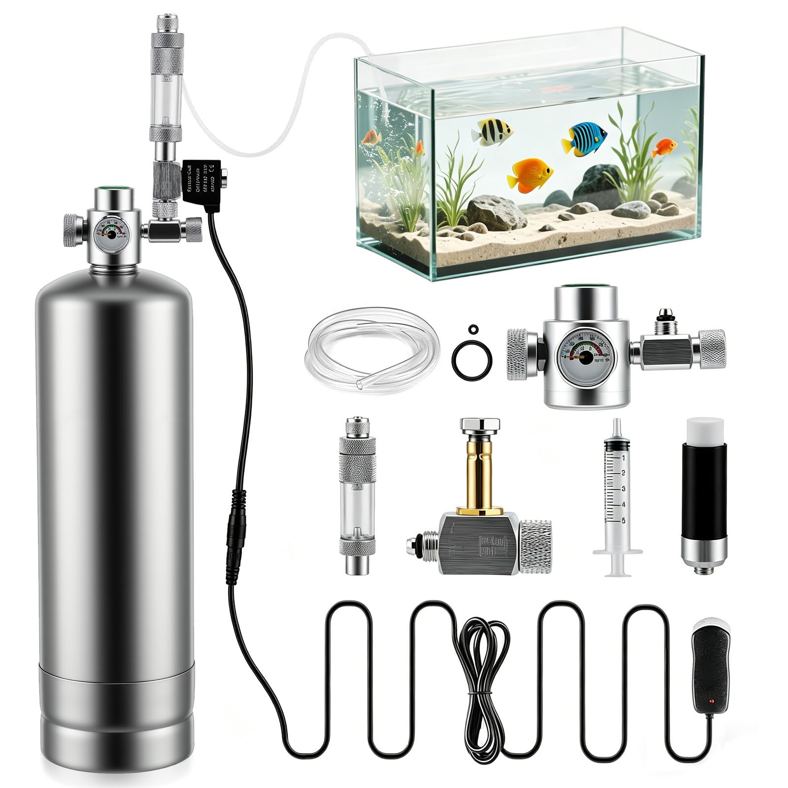 Sistema de reactor de dióxido de carbono de 2 L con regulador y válvula de aguja, generador de CO2 de acero inoxidable para acuario, con válvula magnética para plantas de acuario