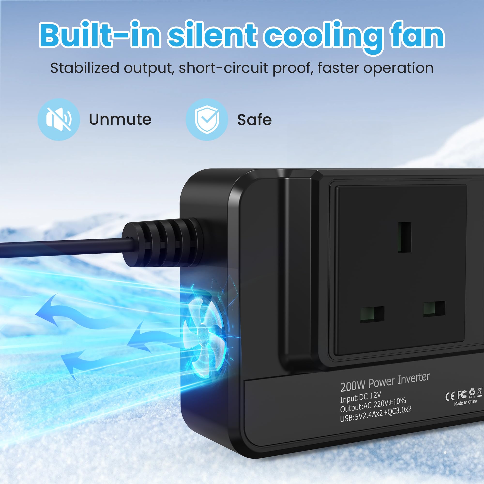 200W Car Voltage Converter Inverter DC 12V to AC 230V with 2 Sockets and 4 USB Ports Fast Charging Car Charger with Cigarette Lighter Plug for Business Trips and Vacation — view 3