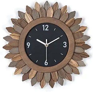 Honiway 12-inch Rustic Wood Boho Sunburst Wall Clock - Silent Non-Ticking Farmhouse Decor