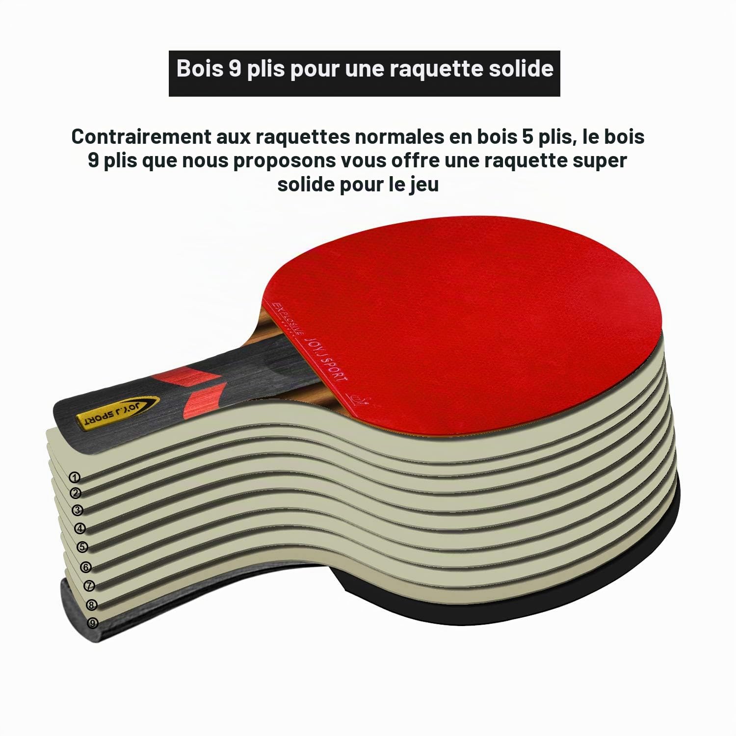 Raquette de tennis de table professionnelle en bois 9 plis, approuvée ITTF avec sac de rangement, parfaite pour les intermédiaires et avancés