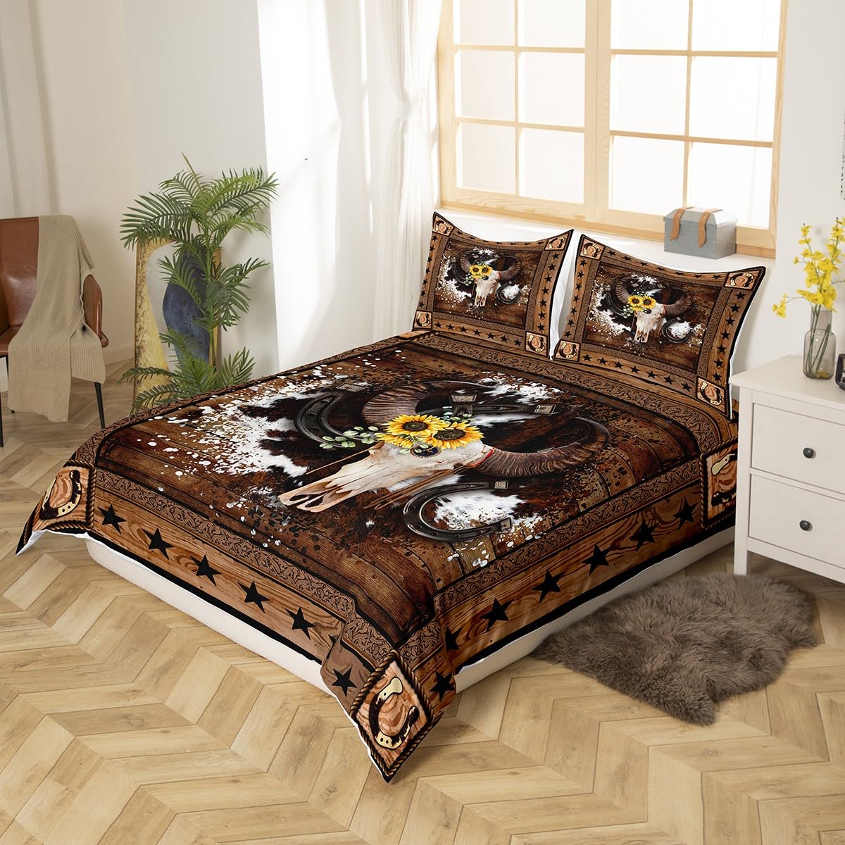Cow Skull Kids Duvet Cover Double Size,Western Cowboy Texas Star Horseshoes Bedding Set,Boys Girls Adults Room Decor,Cow Fur Wooden Plank Rustic Comforter Cover,Brown Quilt Cover,2 Pillowcases - Image 3