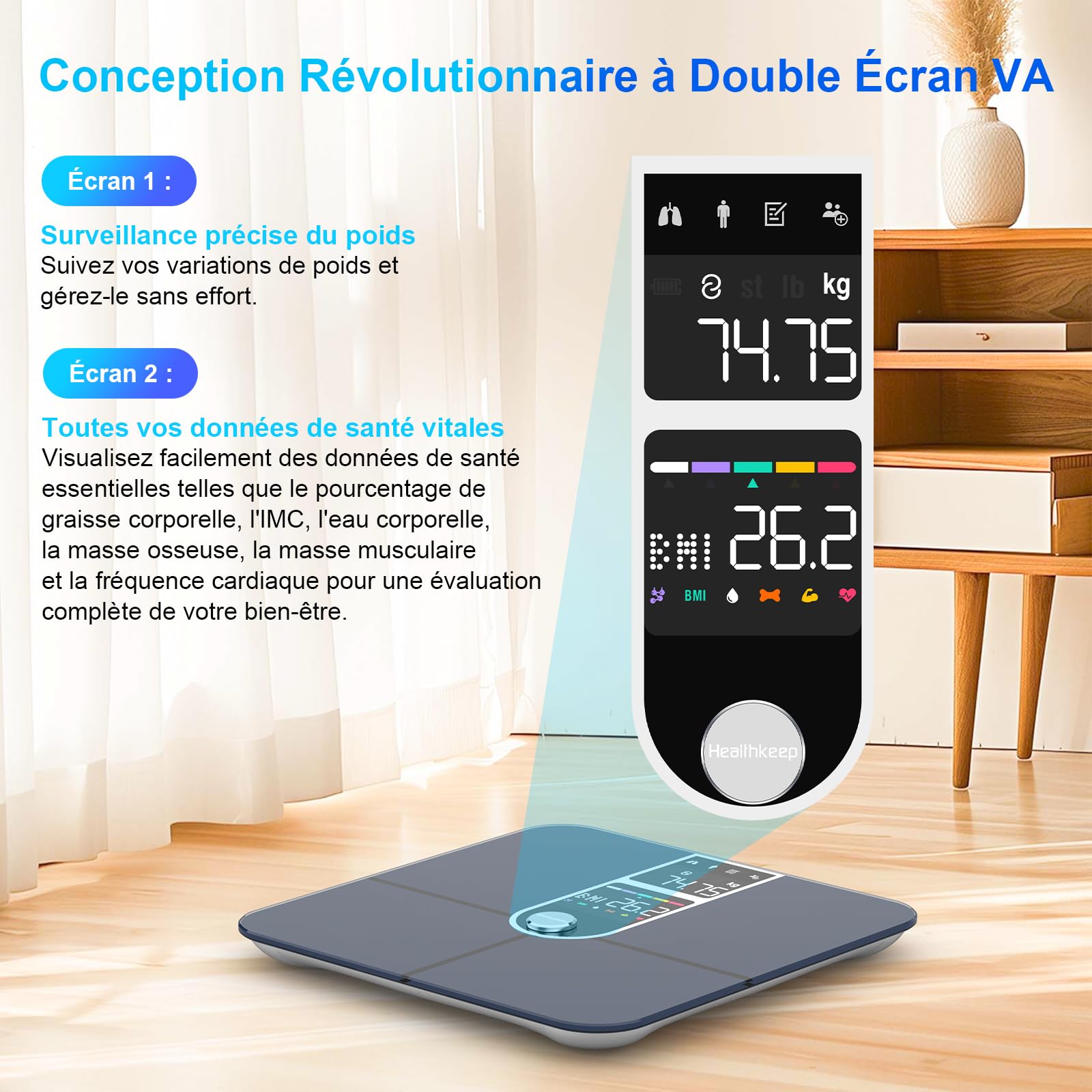 Healthkeep Pèse Personne Balance Connectée Bluetooth Avec 2 Écrans VA et Technologie de Revêtement ITO, 16 Données Corporelle avec Fréquence Cardiaque APP pour Andriod et iOS 180kg/400lb, Argenté