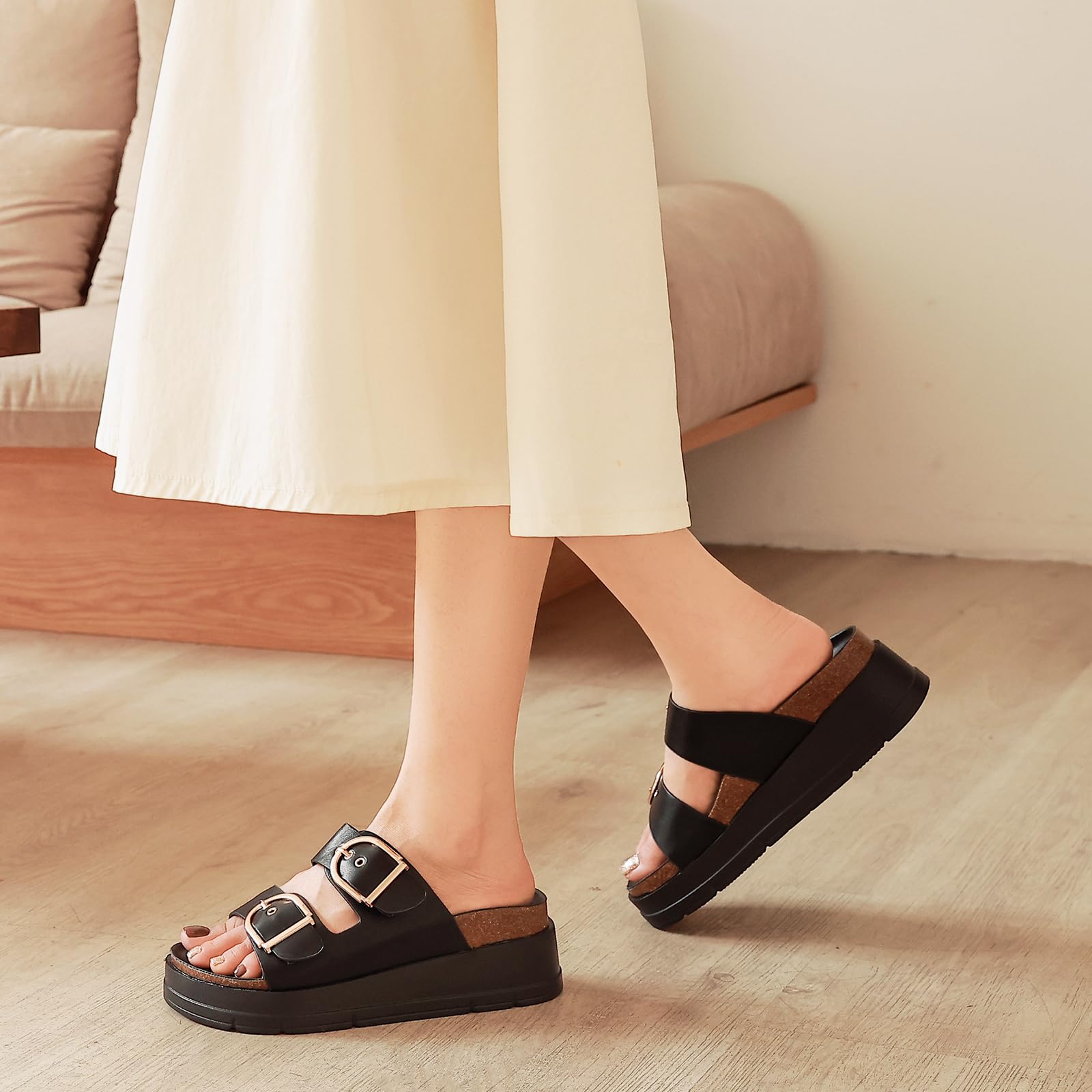 Plattform Sandalen Damen Mit Verstellbare Rieme Schnalle, Dicke Sohlen Pantoletten Mit Kork Fussbett, Plateau Strand Schuhe, Sommer Hausschuhe Leicht, Komfort Schlappen Rutschfest
