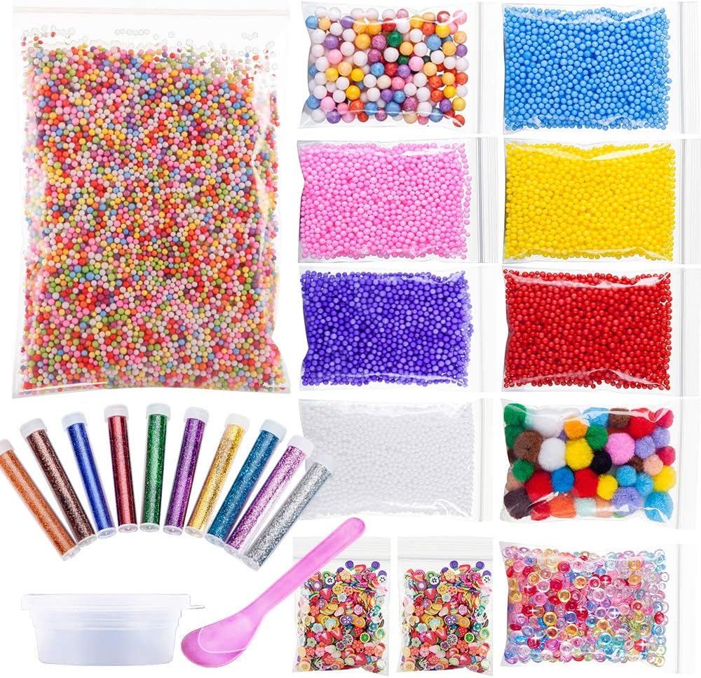 Funballs 22 Pack Slime Beads for DIY Craft - Foam Beads, Glitter Shake Jars, Fishibowl Beads, Pom Poms and Fruits Spices with Slime Storage Containers for Crunchy Slime, Nail Art and Home Decor
