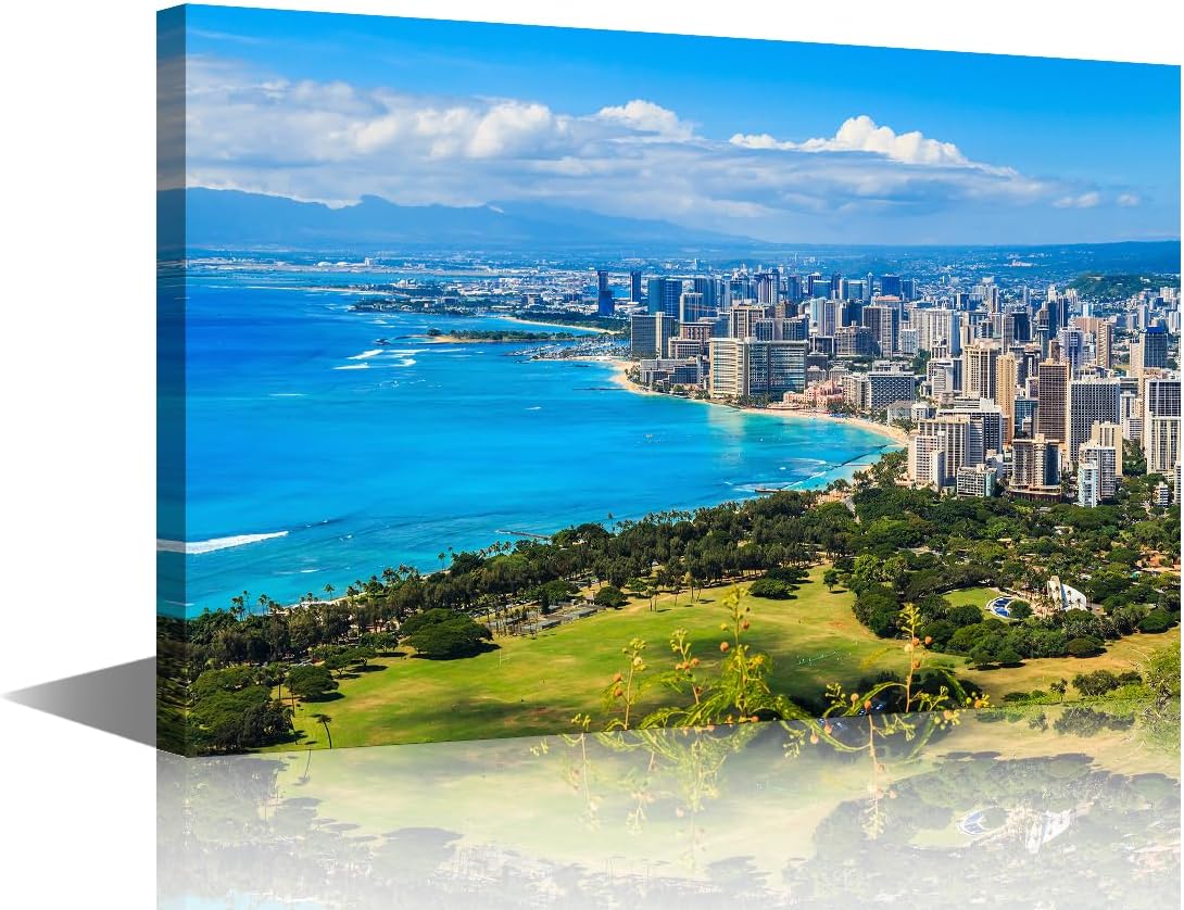 TUMOVO Seascape Canvas Wall Art City Skyline Paintings Hawaii Cityscape Prints on Canvas Modern Artwork Pictures for Living Room Bedroom Wall Decor Giclee Framed, 24" Wx36 H