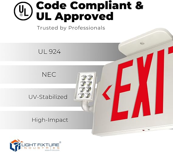 LFI Lights Thin COMBO UL 924 Listed, Red LED, Exit Sign with Emergency Lights, White, 120-277VAC Hardwired with Battery Backup, Optional Double Face and Knock Out Arrows COMBOTRWBB