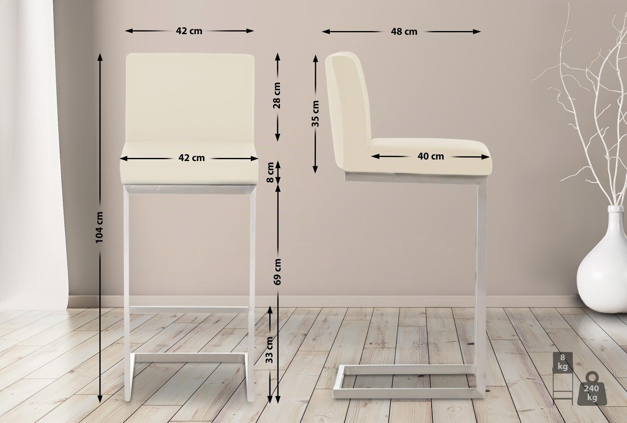 CLP 2er Set Barhocker Paros I Freischwinger Barstuhl I Kunstleder-Bezug I Edelstahl-Gestell, Farbe:Creme