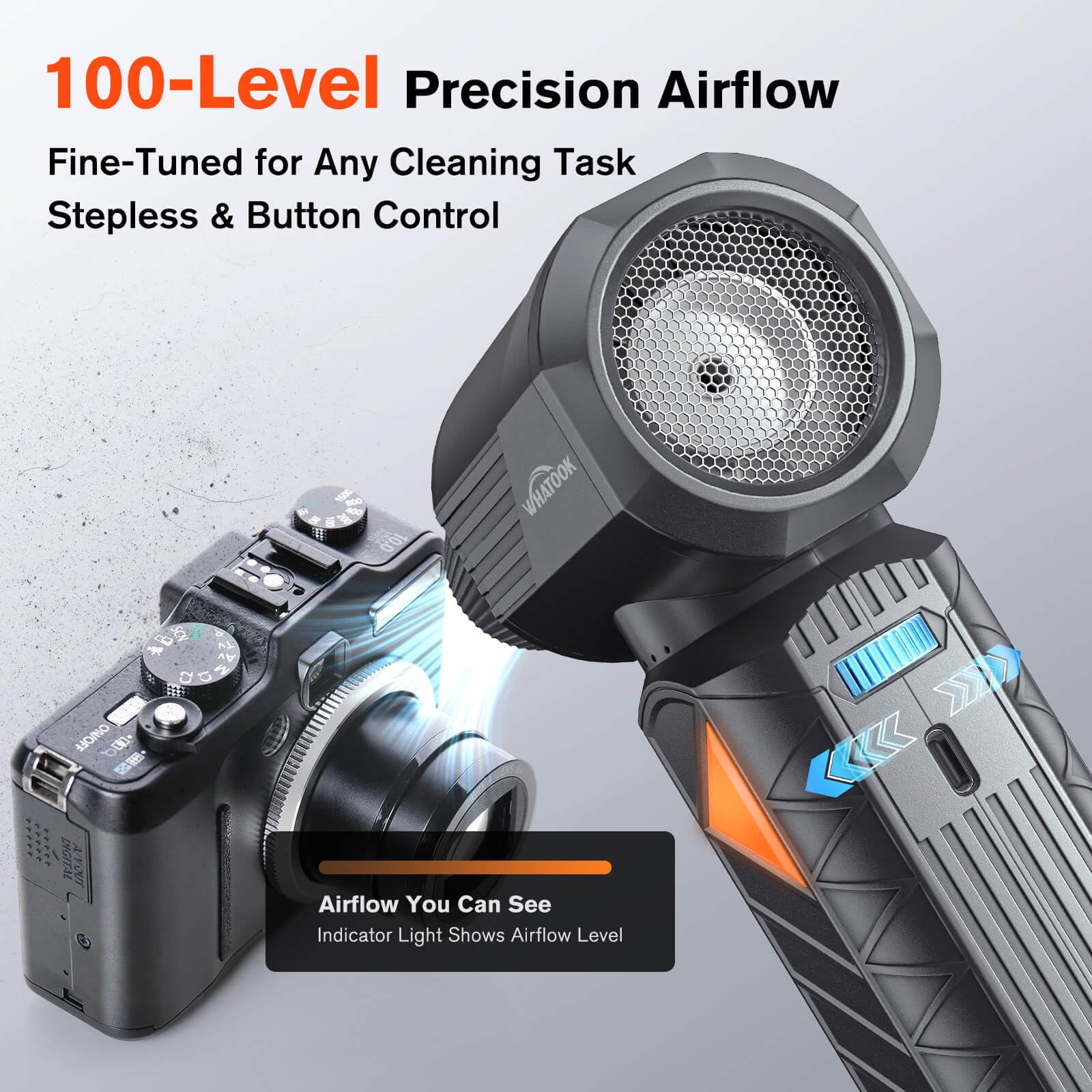 WHATOOK W02 Pro Soffiatore a Batteria, 400.000 RPM 100M/S Soffiatore ad Aria Compressa, 100 Livelli di Velocità Regolabili, Potenza Professionale per Auto, Pulizia PC, Tastiera, e Outdoor