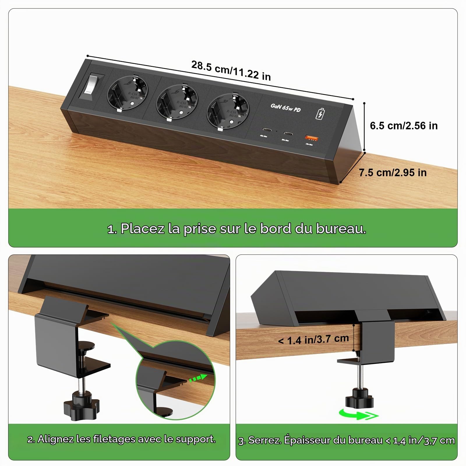 Prise de Table avec 2 USB C GaN 65W, Prise Multiple avec Interrupteur, Multiprise de Table Bureau pour Bureau à Domicile, Câble 3 m