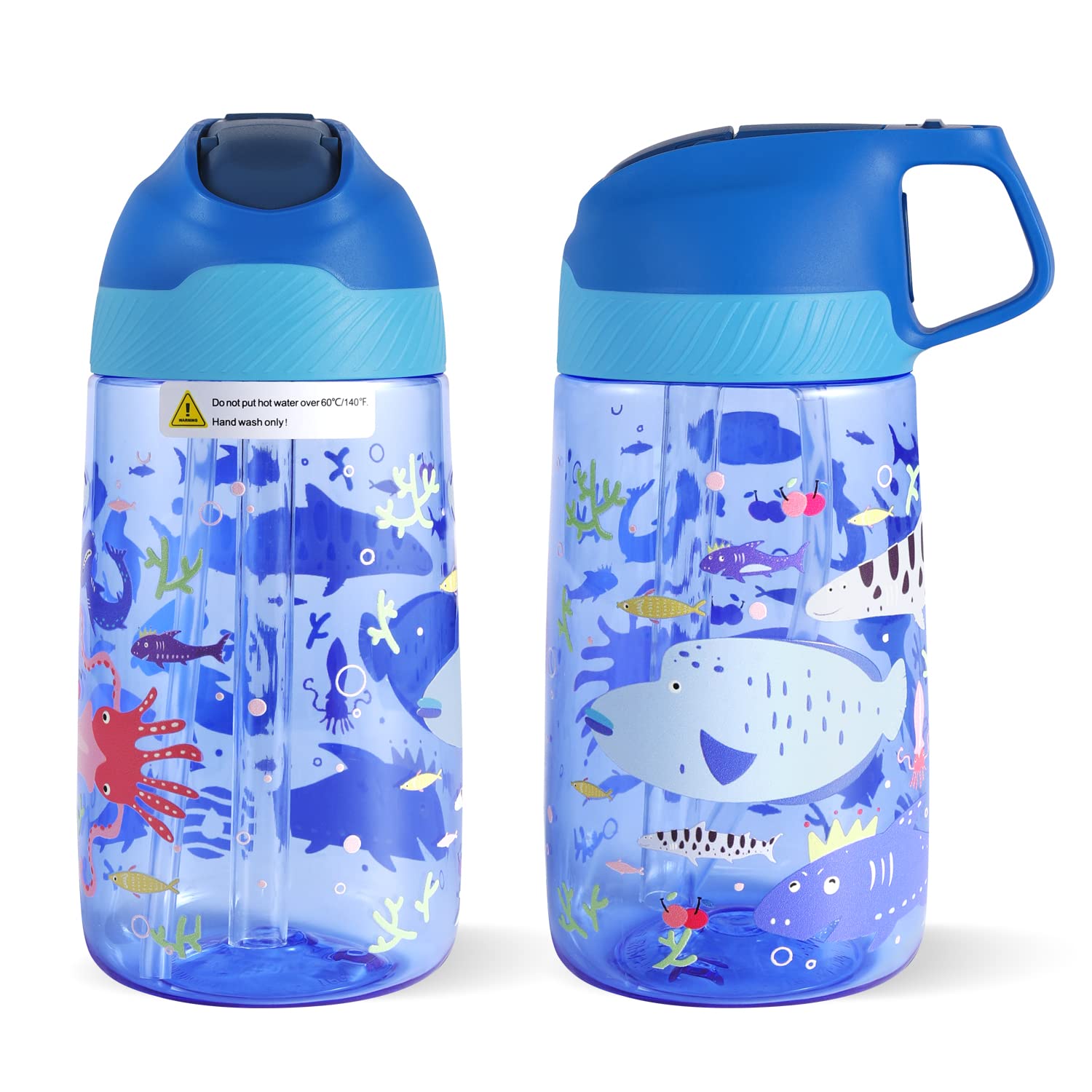 Fjbottle Borraccia Bambini con Cannuccia 450ml, Tritan - Senza BPA/Senza Perdite, Bottiglia Acqua trasparente Plastica riutilizzabile, scuola, asilo - Leggera e Robusta