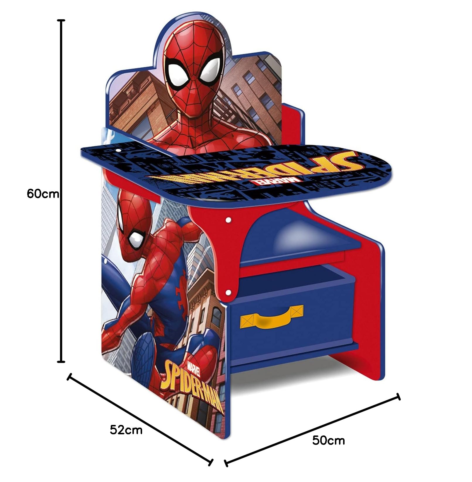 ARDITEX - Silla-Pupitre Infantil de Madera con contenedor Textil de Spiderman de Marvel - 62x30x60cm - Color Azul - Ideal para Manualidades, estudiar o Jugar.