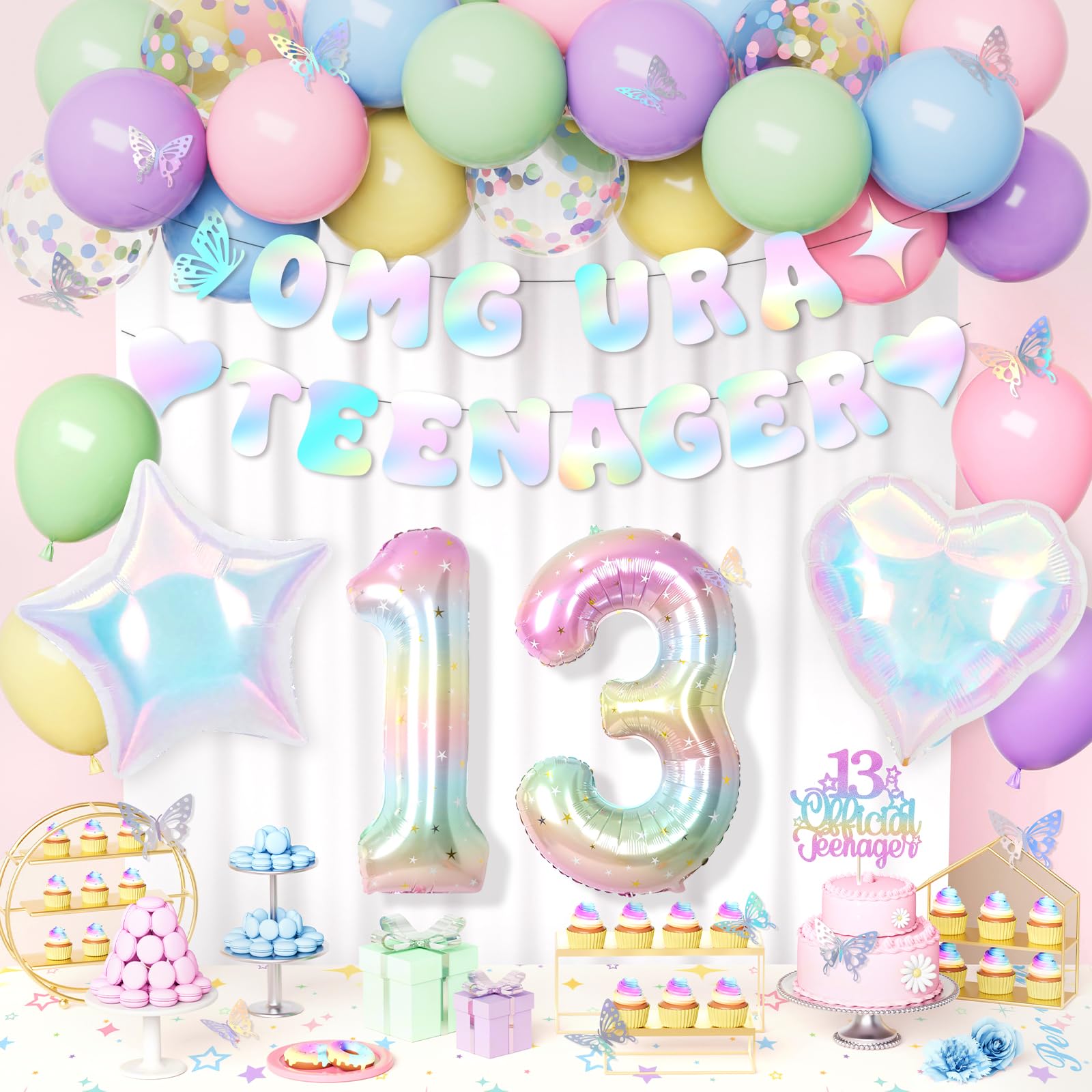 13th Birthday Decorations Girls, Teenager Banner 13th Party Decoration Set, Macaron Pastel Balloons, Number 13 Balloon, Heart Foil Balloon, Pastel Birthday Decorations for 13 Years Girls Party Deco