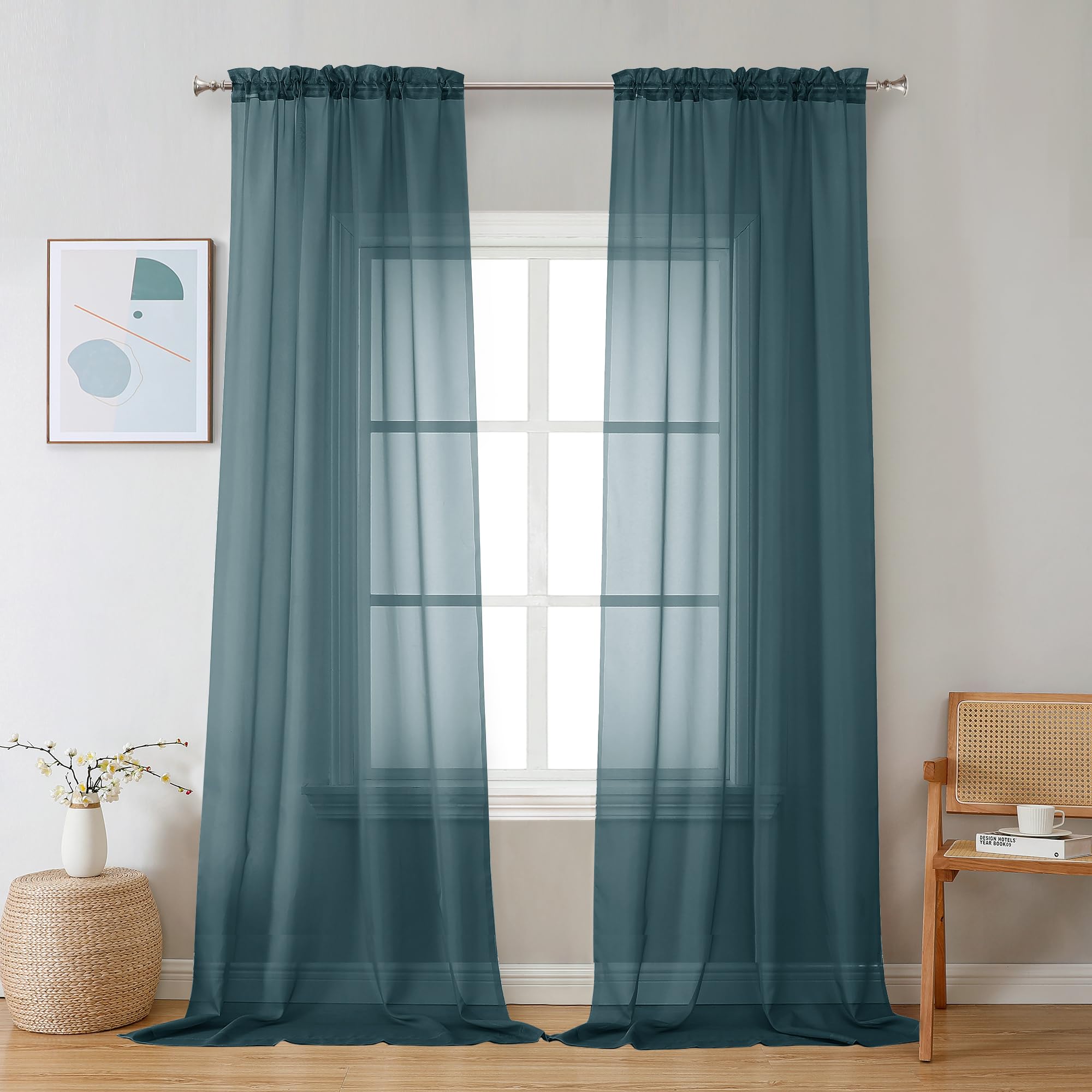 Chyhomenyc Sheer Stone Blue Curtains 90 inches Long 2 Panels, Light Filtering Soft Airy Solid Elegant Voile Window Treatment Drapes for Bedroom Living Room Wedding Party Decor, 42 Wx90 L Inches — image 1