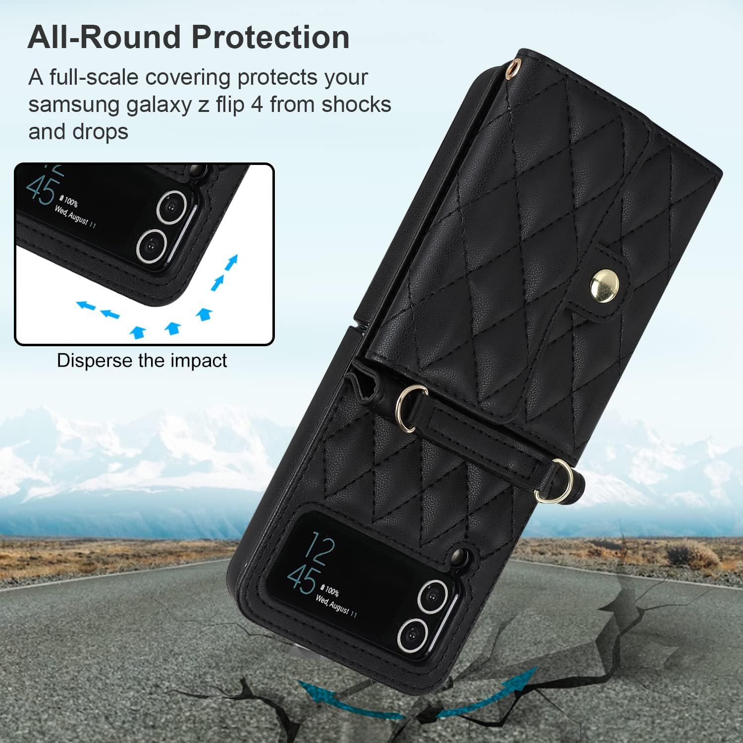 KIHUWEY Crossbody Wallet Case for Samsung Galaxy Z Flip 4, Purse with Credit Card Slot Holder RFID Blocking PU Leather Adjustable Lanyard Detachable Strap Wrist for Women (Black)