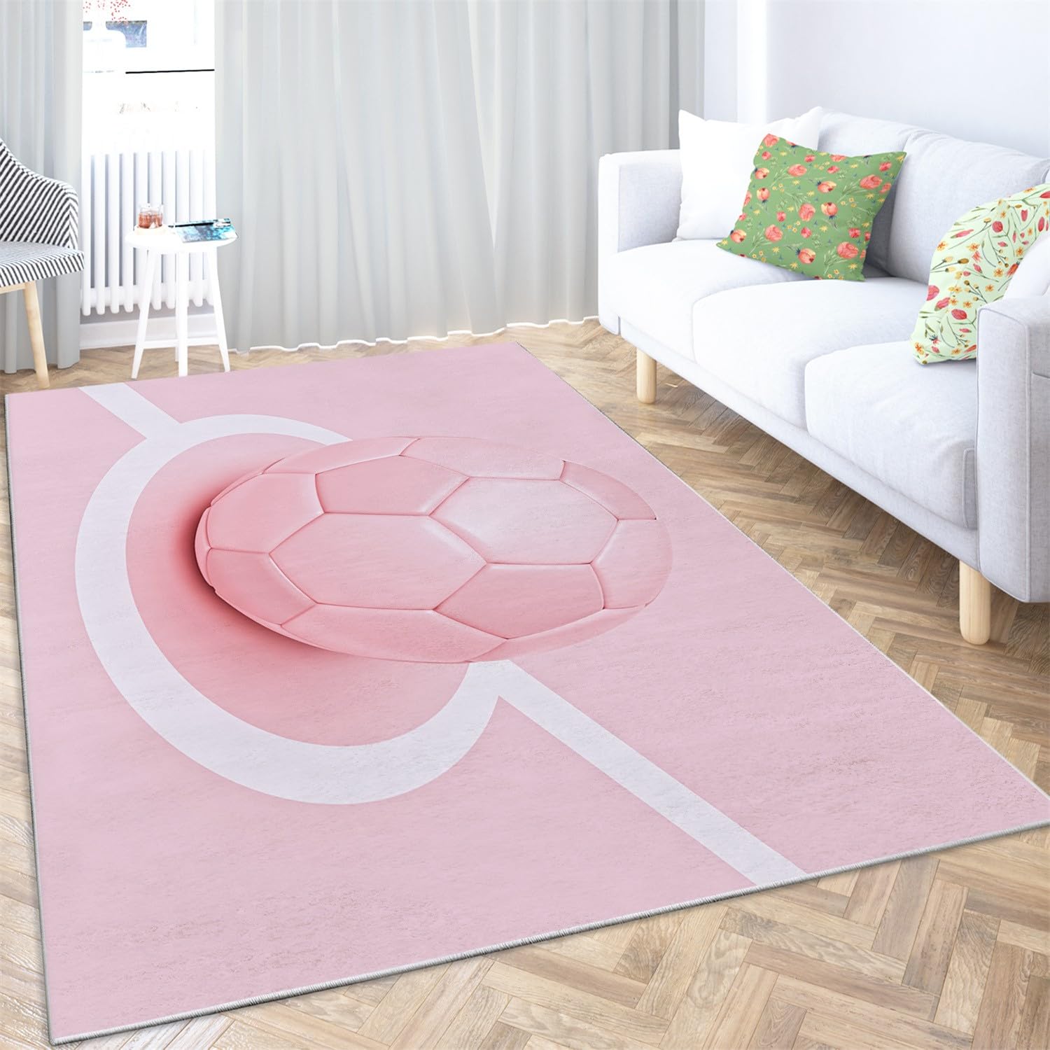 Tappeto antiscivolo 180 x 240 cm rosa per soggiorno, tappeto lavabile in lavatrice per camera da letto - Corridori con geometria del pallone da calcio rosa sportivo per cucina sala da pranzo corridoio