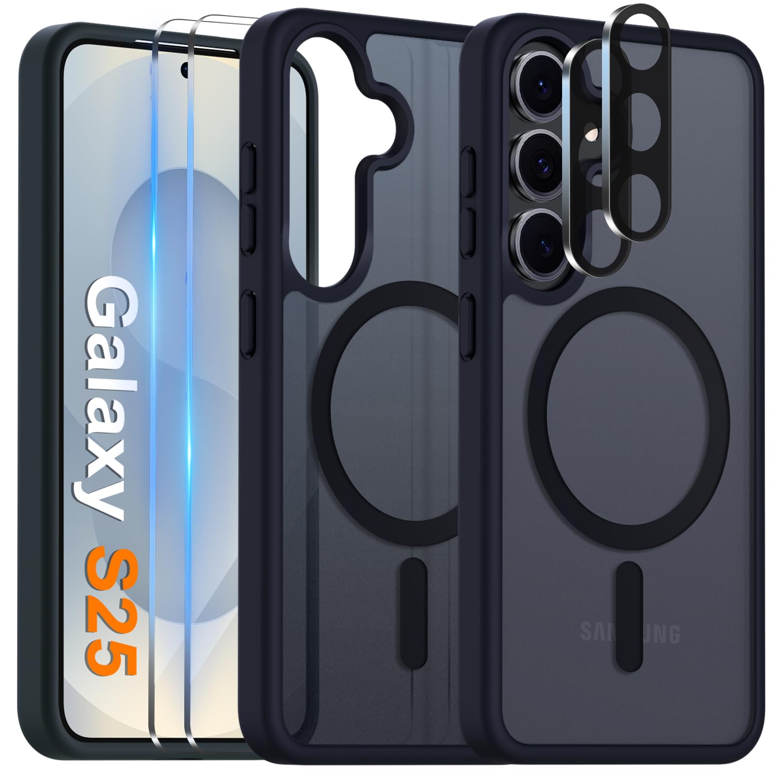 COPIKE Cover Magnetica per Samsung Galaxy S25 con 2 Pezzi Vetro Temperato e 2 Lente Fotocamera Protezione, Custodia Sottile Antiurto Posteriore Opaca Traslucida Anti-Impronte, Nero