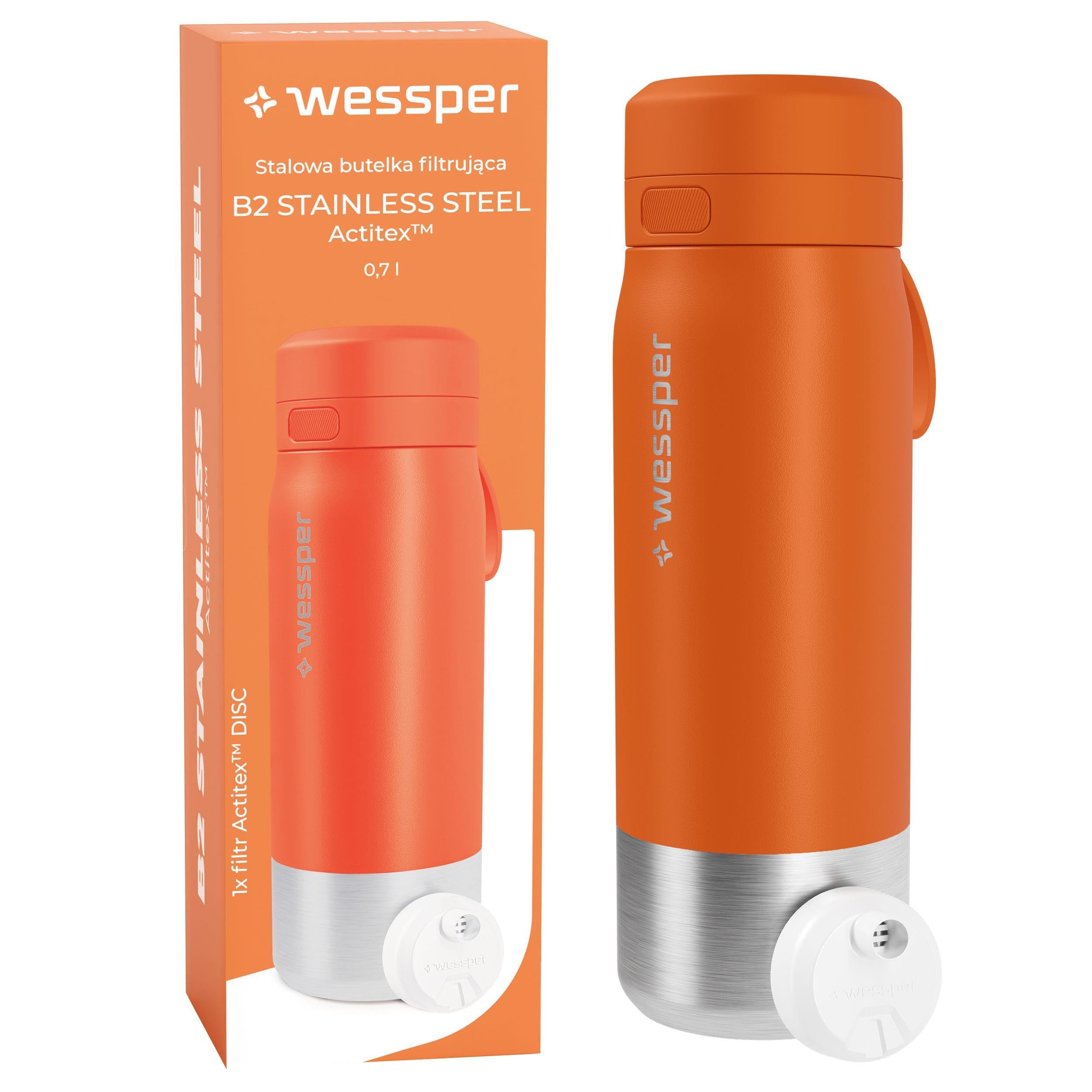 Wessper Steel Water Bottle with Water Filter 700 ml,BPA-free, Thermos Flask with Disc Water Filter, Drinking Bottle Ideal for Sports, Cycling, Fitness- Orange