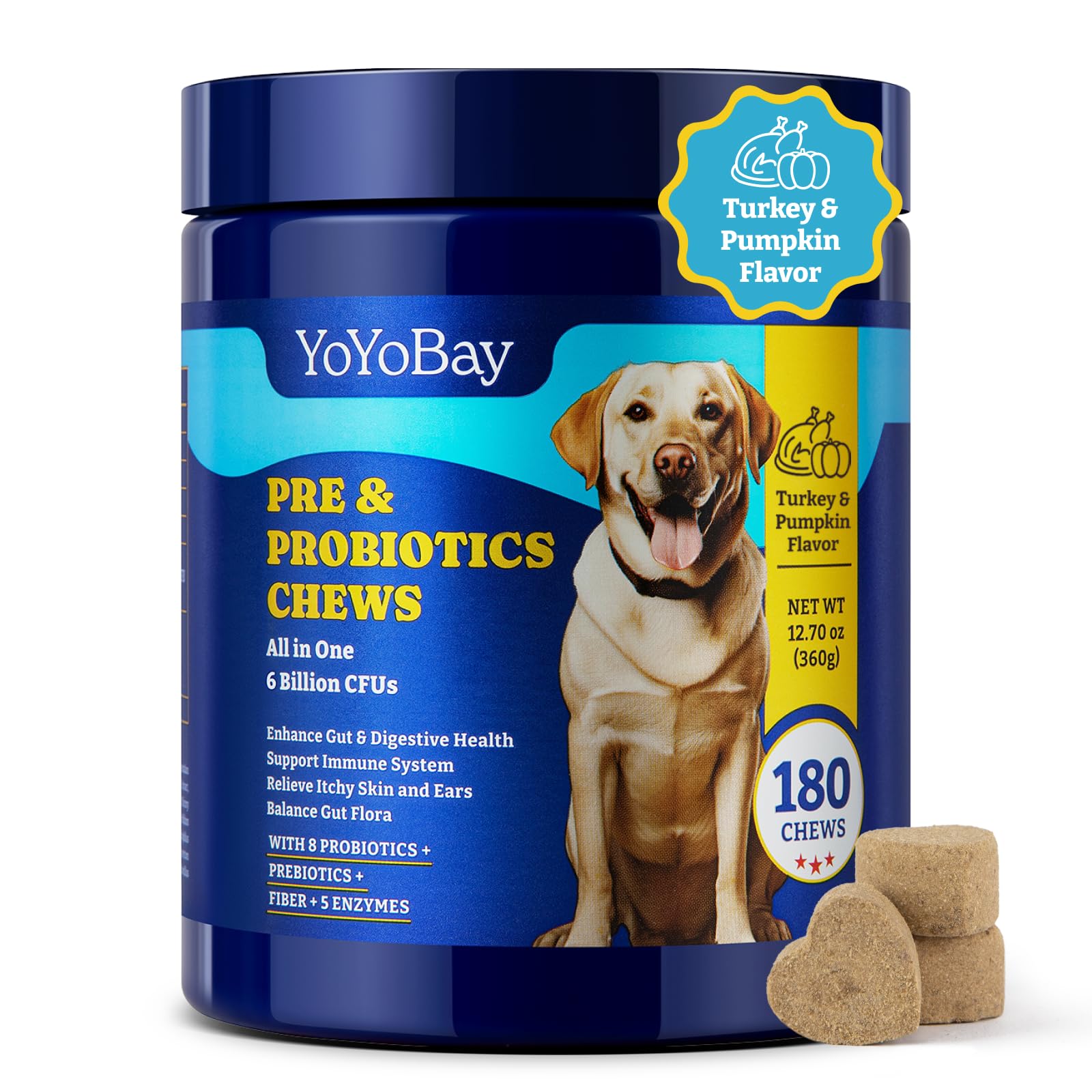 YoYoBay Probiotics for Dogs - 6 Billion CFUs, Dog Probiotics with Prebiotics & Digestive Enzymes for Gut, Immune & Skin Health - Turkey & Pumpkin