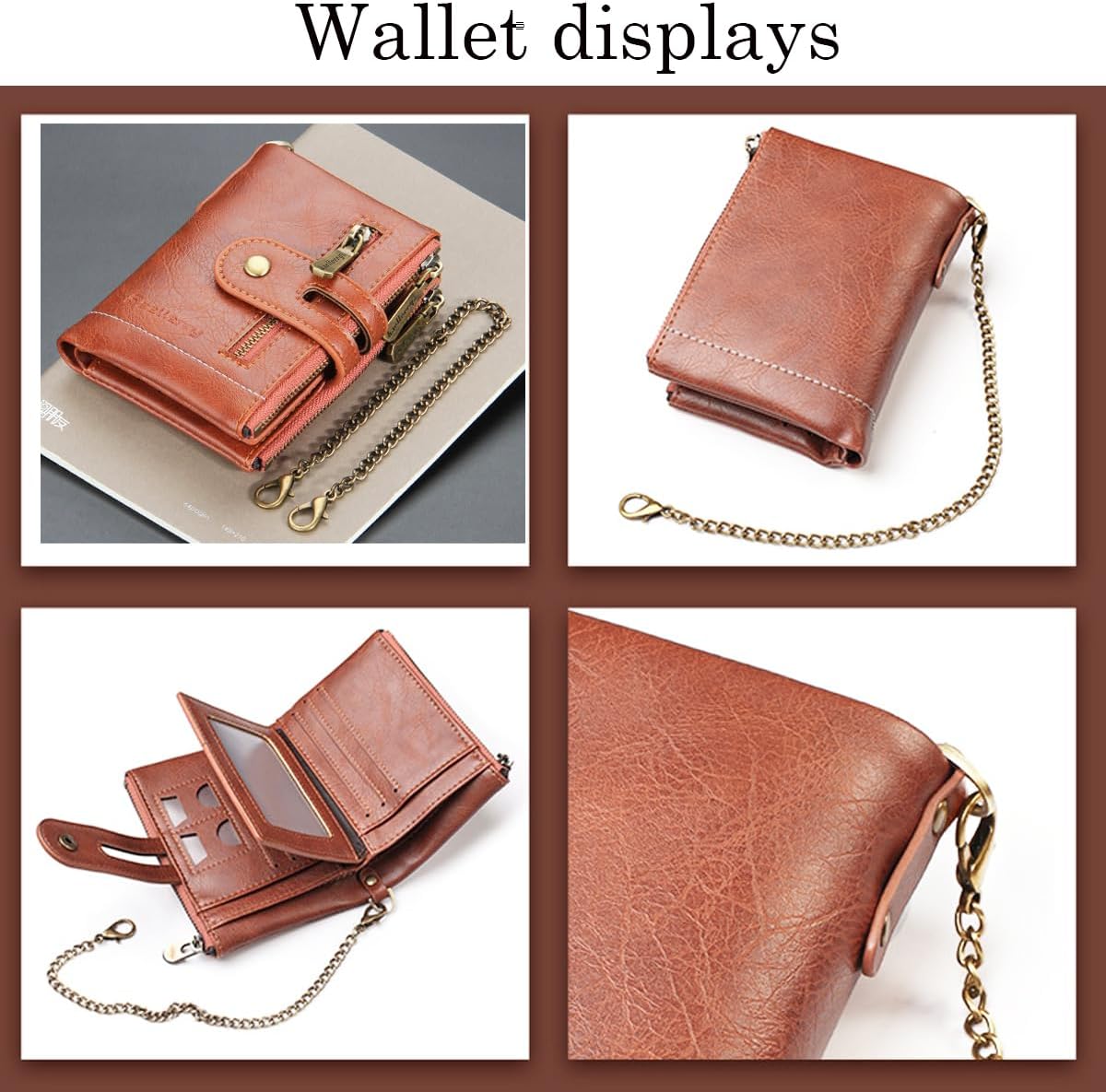 Mens Wallet with Chain PU Faux Leather Purse Bifold RFID Blocking Wallet image 3
