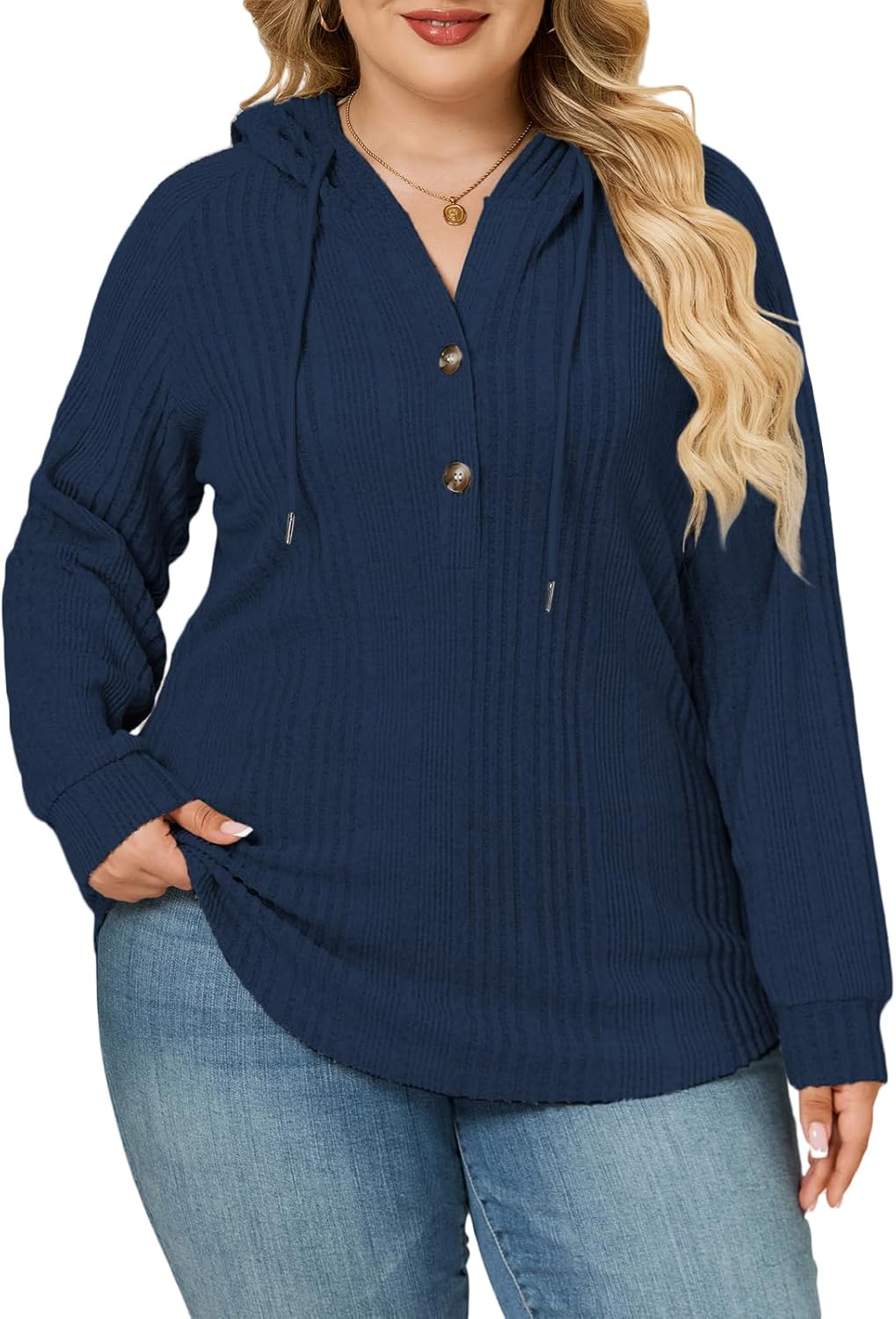 ROSRISS Plus Size Tops for Women Casual V Neck Hoodies Sweatshirts Fashion Ribbed Knit Shirts Loose Fit Long Sleeve Sweaters - Image 2