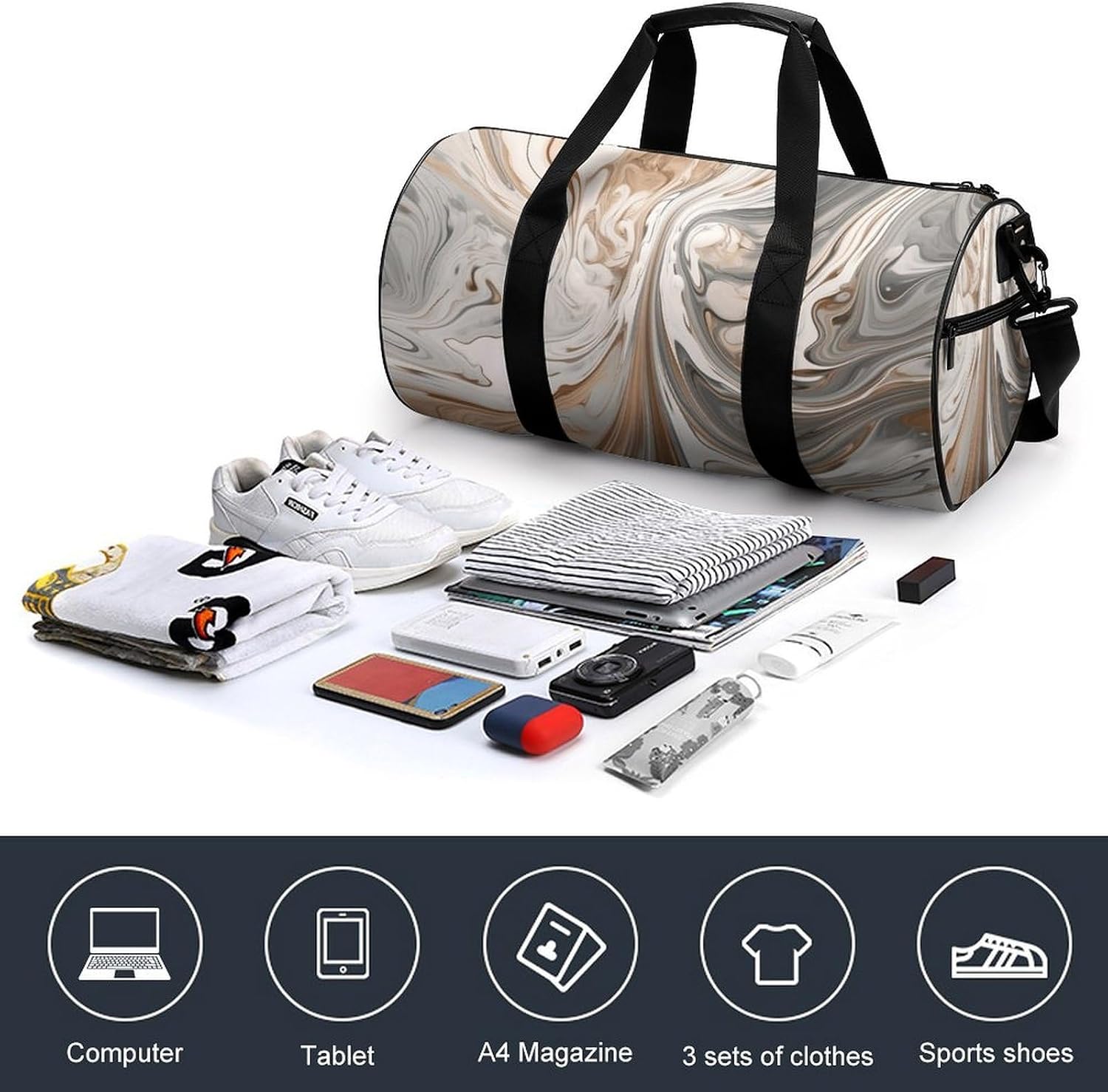 Marble Background Gym Bag Hand-held Fitness Bags Cylindrical Fitness Bag with Shoe Large Compartment Duffle Bags for Travel Sports Unisex image 4