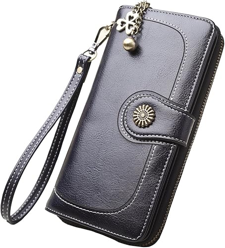 Cartera con tarjetero para mujer, con bloqueo RFID, gran capacidad, de lujo, cera, embrague, Negro -, Cuero