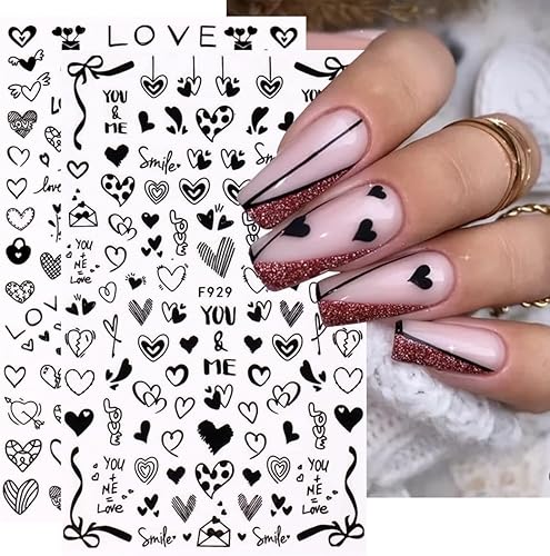 Miniatura 4 de 8 hojas de calcomanías autoadhesivas para el día de San Valentín suministros de arte de uñas en 3D calcomanías de corazón en color negro y blanco