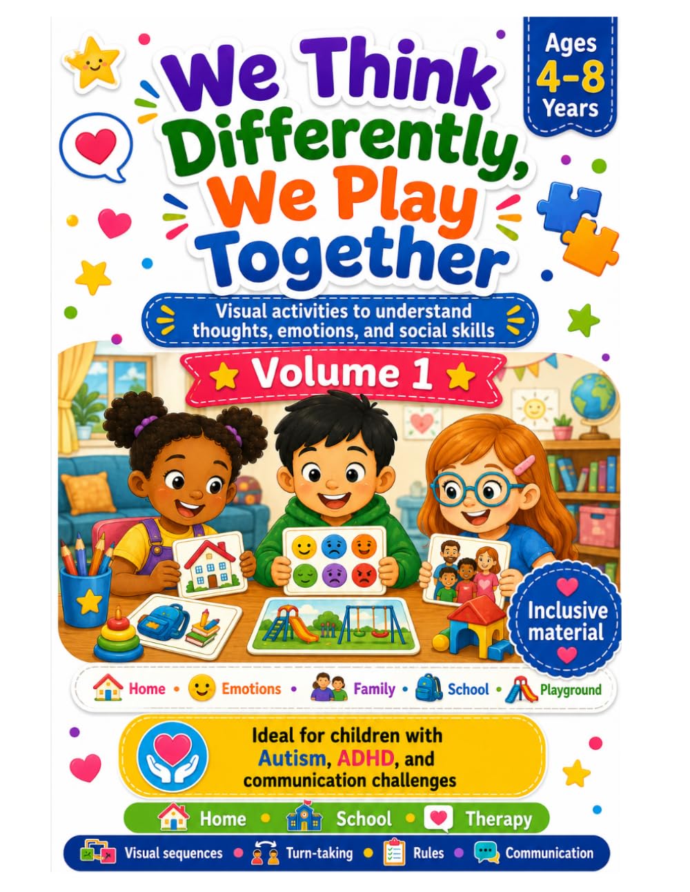 We Think Differently, We Play Together VOL 1: Visual Social Skills Activities for Kids Ages 4–8: Home, Emotions, Family, School, and Playground Workbook for Autism, ADHD, and Communication Support