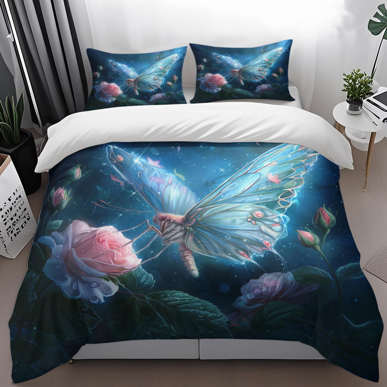 Housse couette 260x240 fermeture glissière parure lit 240x260 insecte bleu rose microfibre