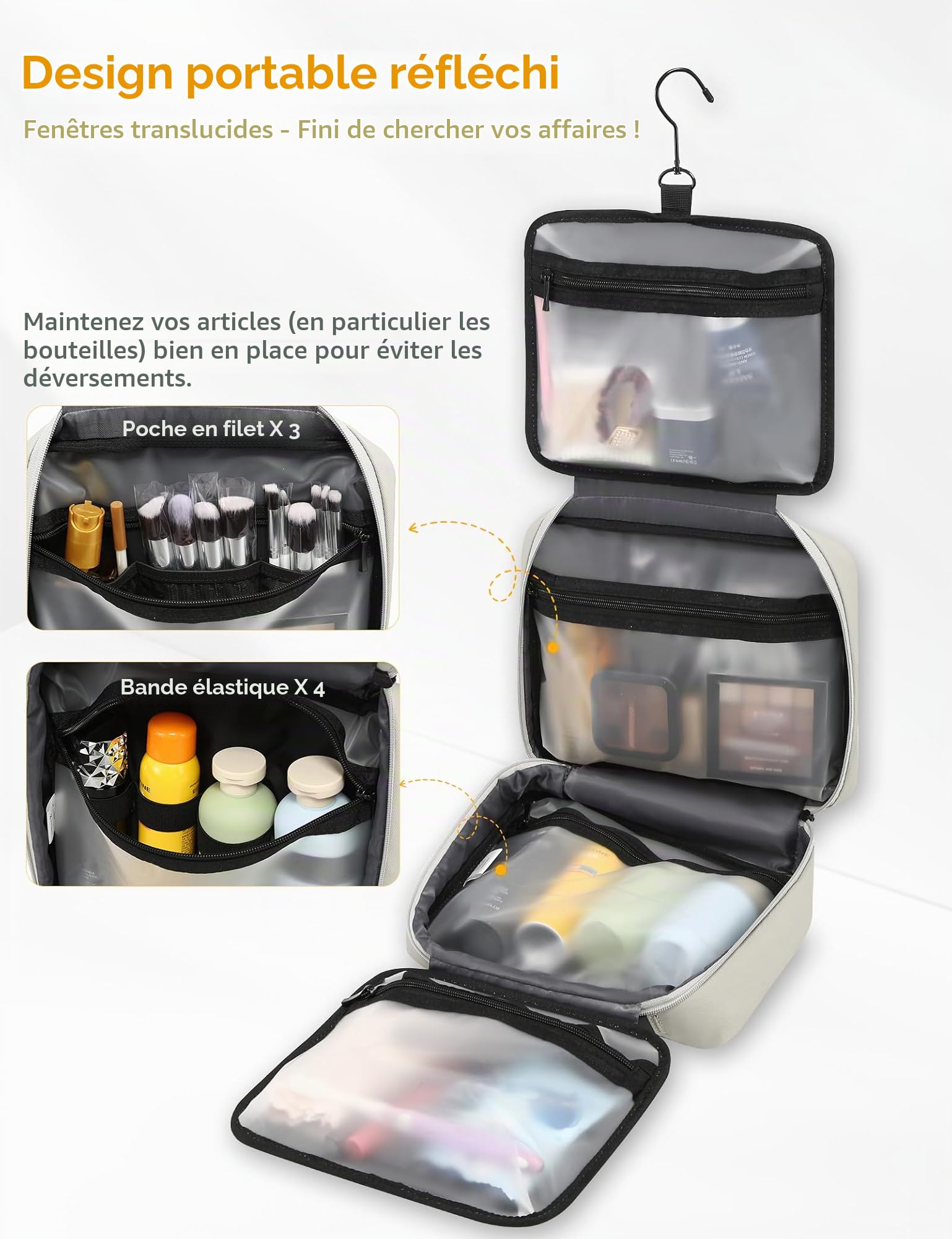 Trousse de Toilette Suspendue Hommes Femmes Sacs Voyage Trousse à Maquillage Imperméable Pliable Grande Capacité Organisateur Sac Articles de Toilette Format avec 5 Compartiments, Soie Gris-M