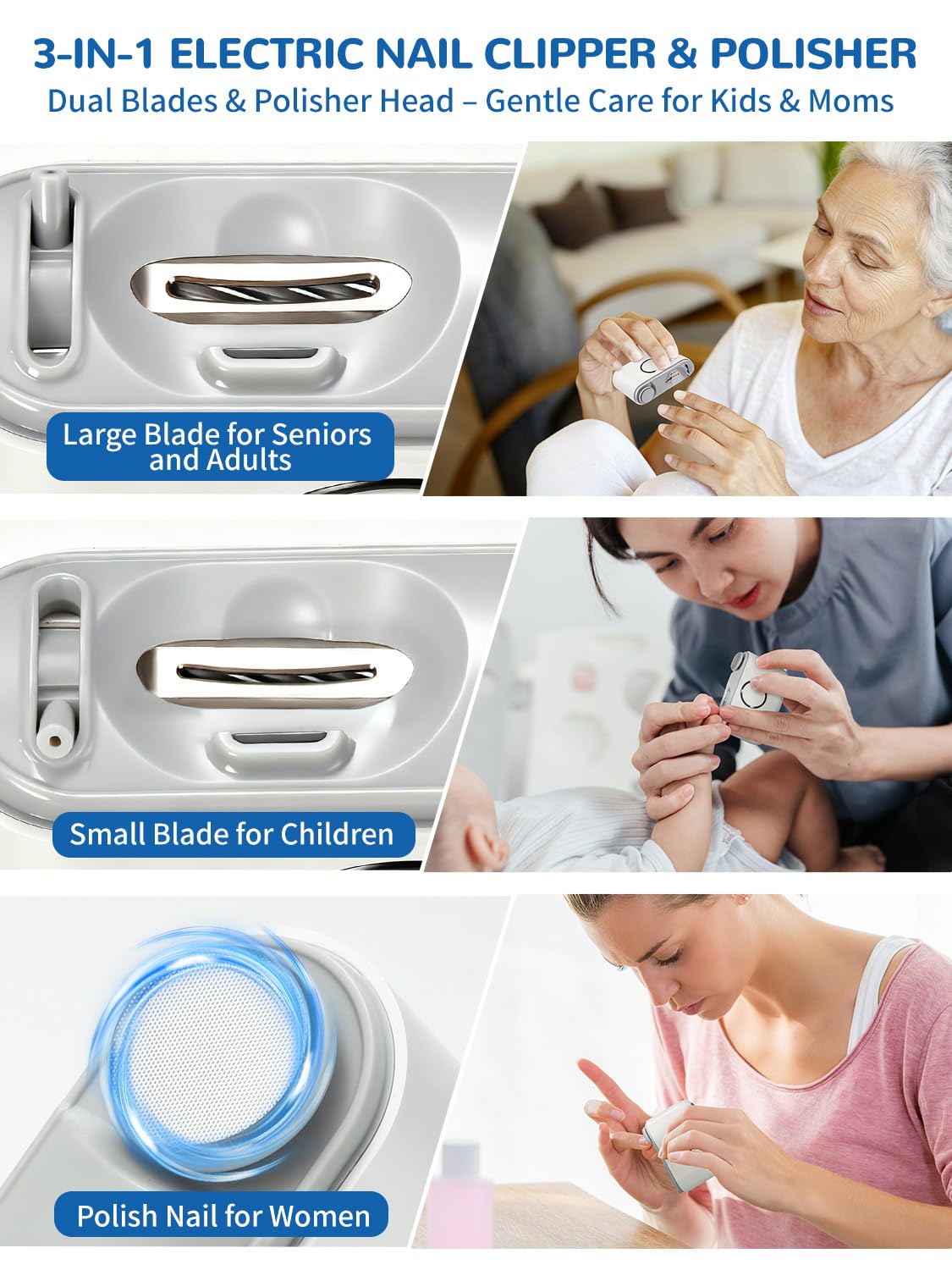 ONEDONE Coupe-ongles électrique – 3 en 1 rechargeable pour bébé Lime à ongles électrique avec double lame, 3 vitesses, sans danger pour les bébés, les femmes et les personnes âgées avec coupe-ongles