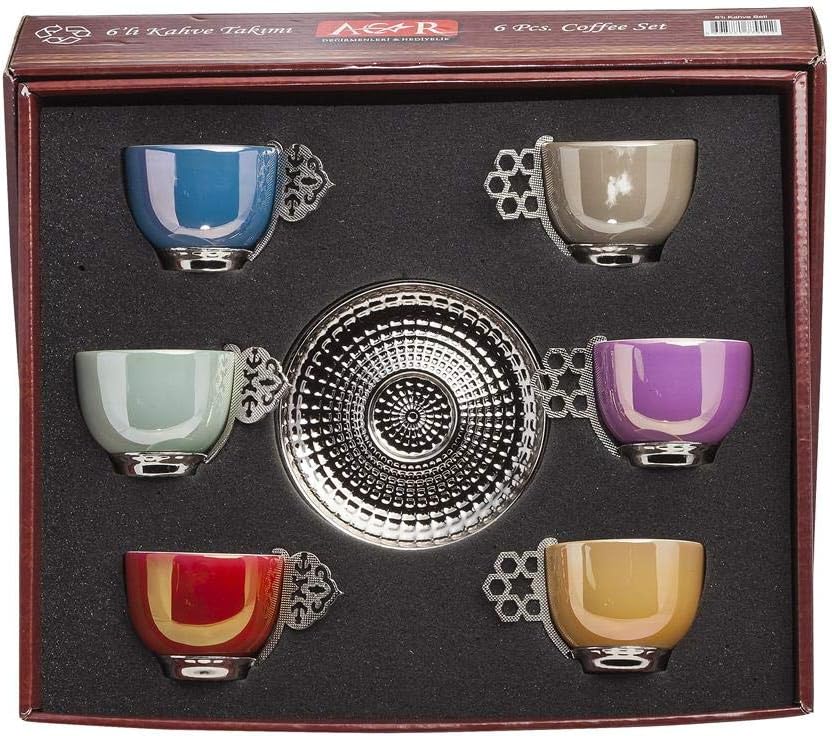 Turkish coffee set of 6 cups, porcelain cups, nice Multicolored coffee set Catering Serving Set and Kitchen Decorating will be a nice gift for others (Gold)