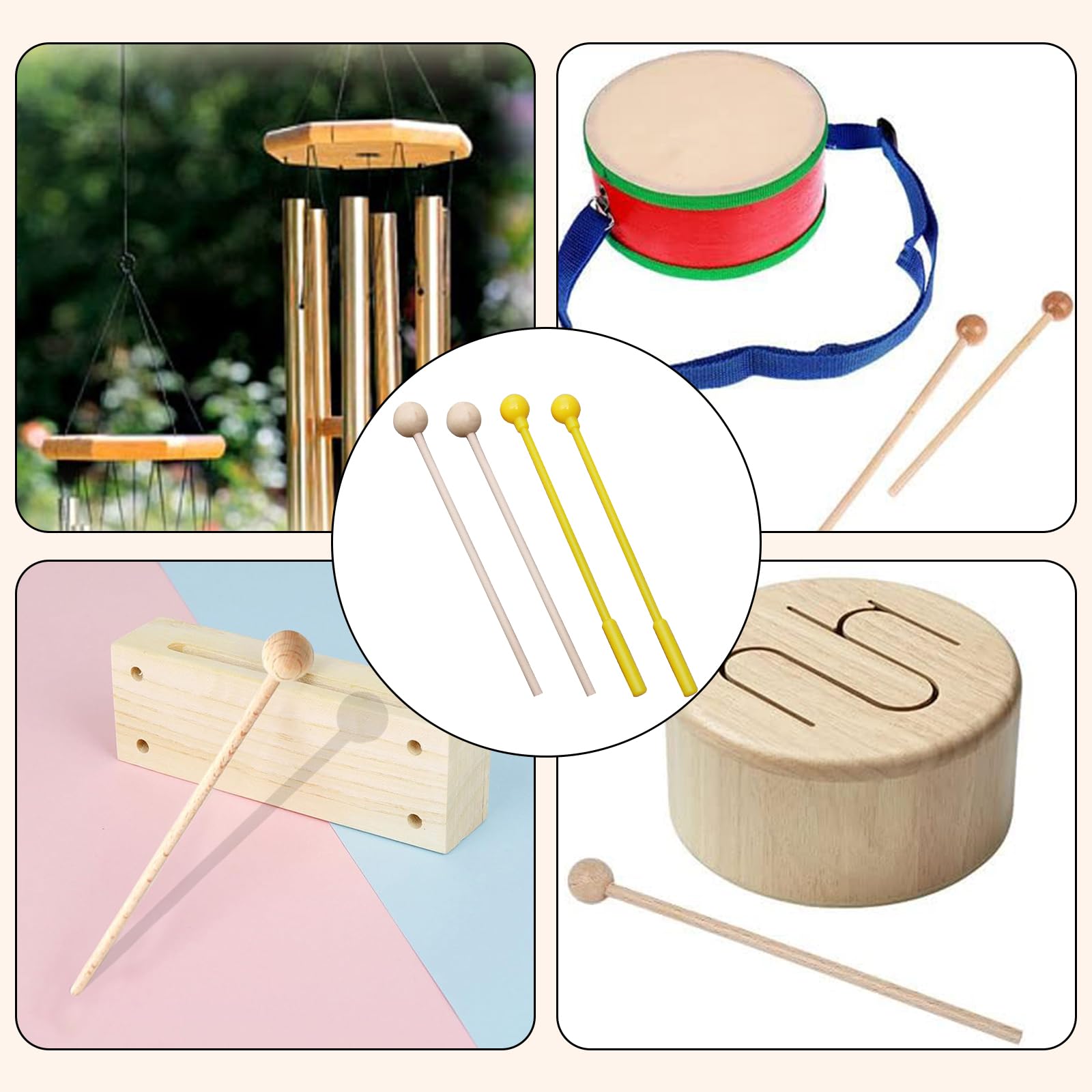 Maglio del Tamburo della Lingua, mazzuole per xilofono, Strumento a percussione, Set di 4 Bacchette in Legno per Bambini, mazzuole in legno per percussioni, Legno Campana Bacchette