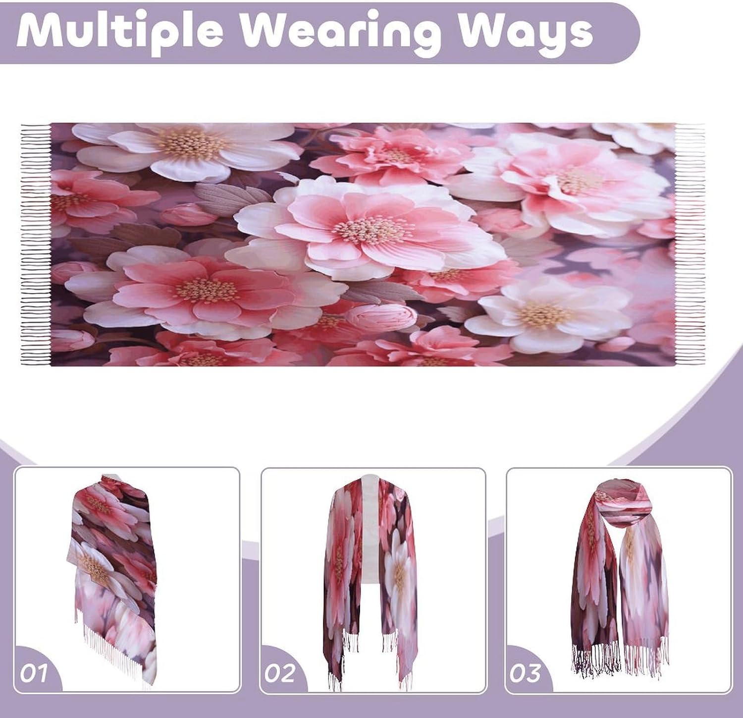 Pink Floral Winter Scarf for Women Soft Tassel Scarves Oversized Wraps Long Shawl Cold Weather Thick Blanket Scarfs