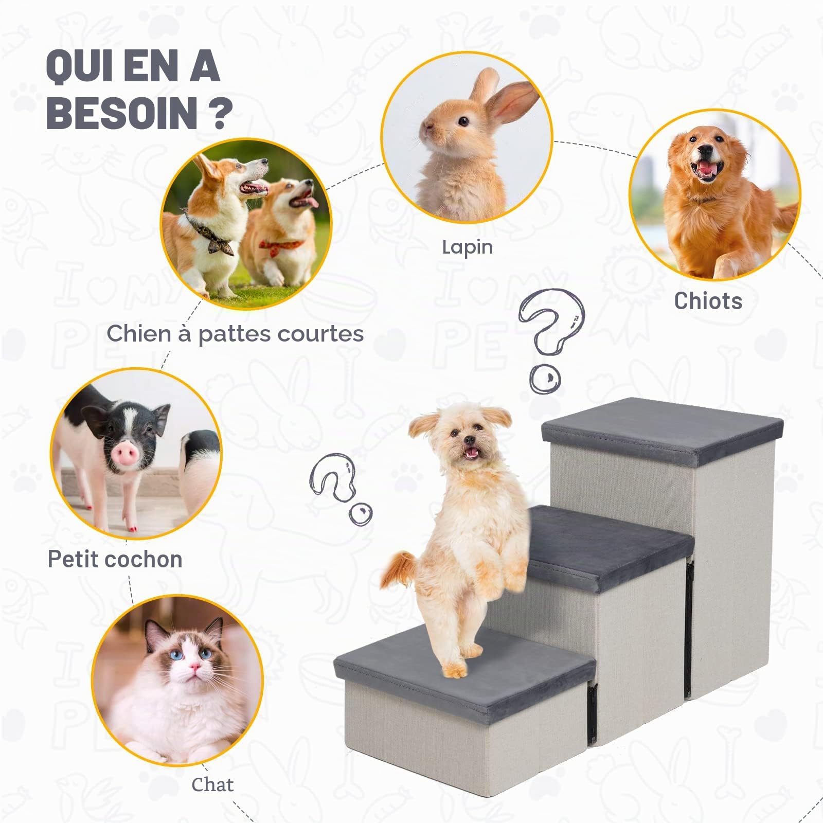 Escalier 3 Marches pour Chien avec Rangement, Pliable pour Canapé/Lit, 74x33x44cm