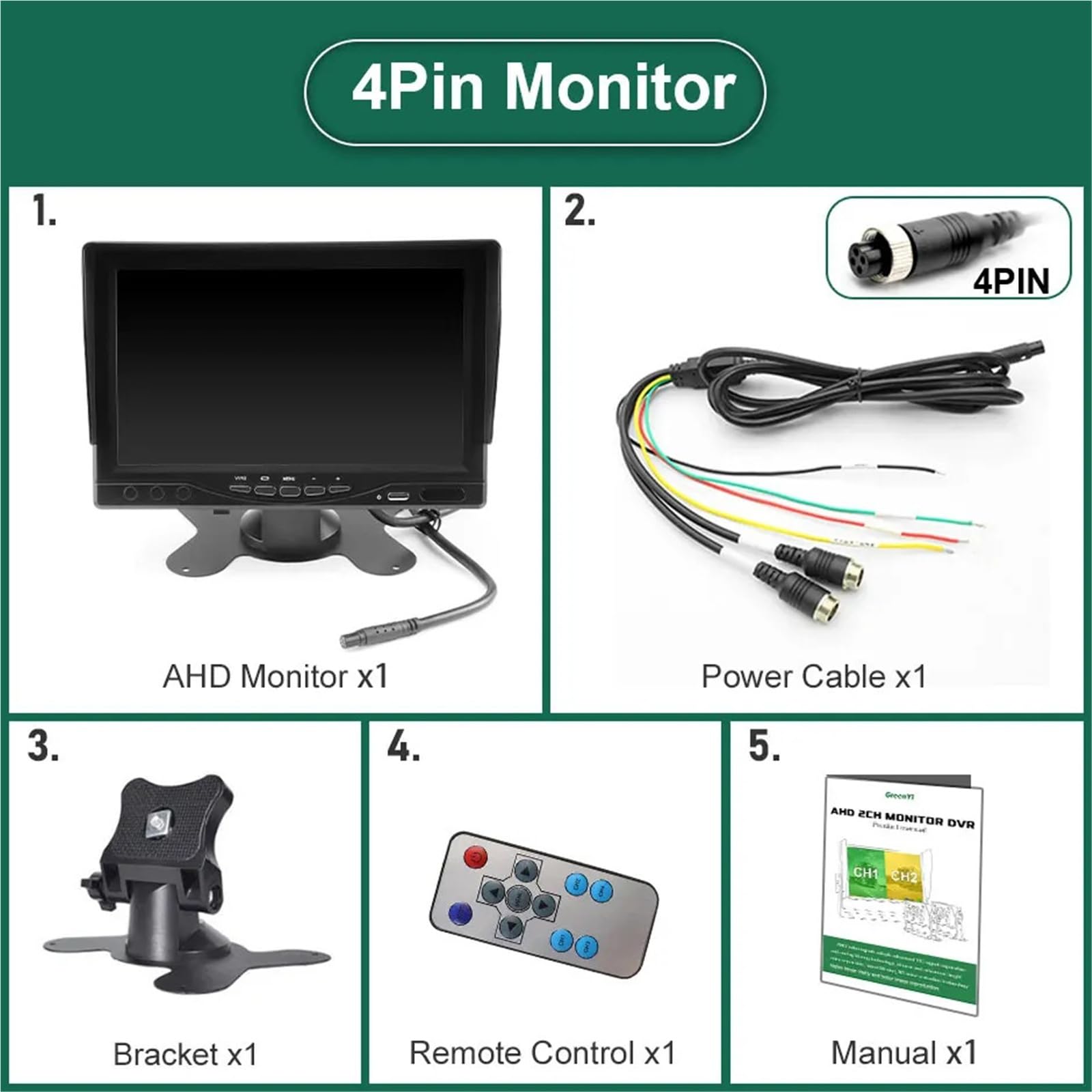 Monitor de 7" con grabación en Bucle for Camiones, Coches, aparcamientos, Pesca, Compatible cámara 2 Canales(4Pin Cable QP732)